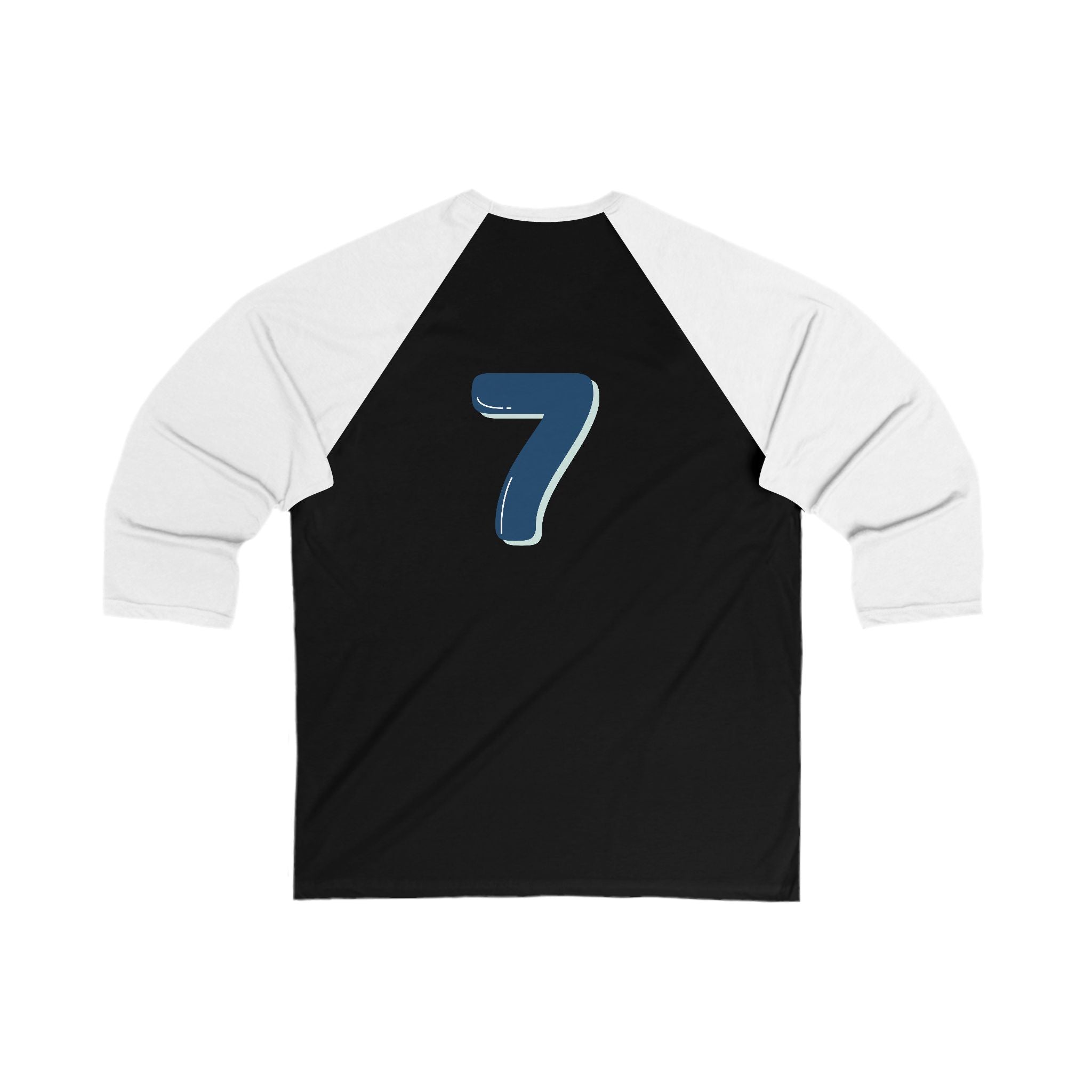 Back view of the white and black Heart In Paw baseball Tee: Featuring a blue and gray number seven graphic.
