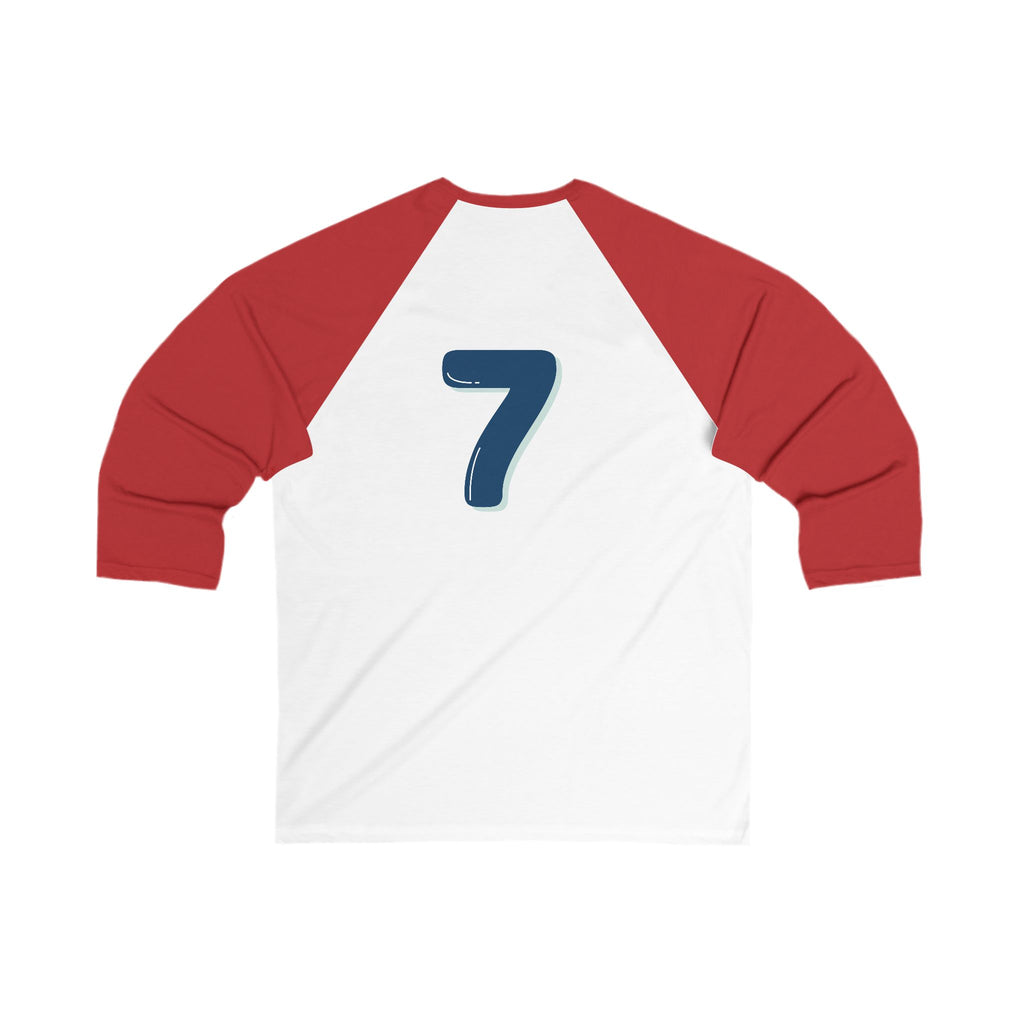 Back view of the red and white Heart In Paw baseball Tee: Featuring a blue and gray number seven graphic.