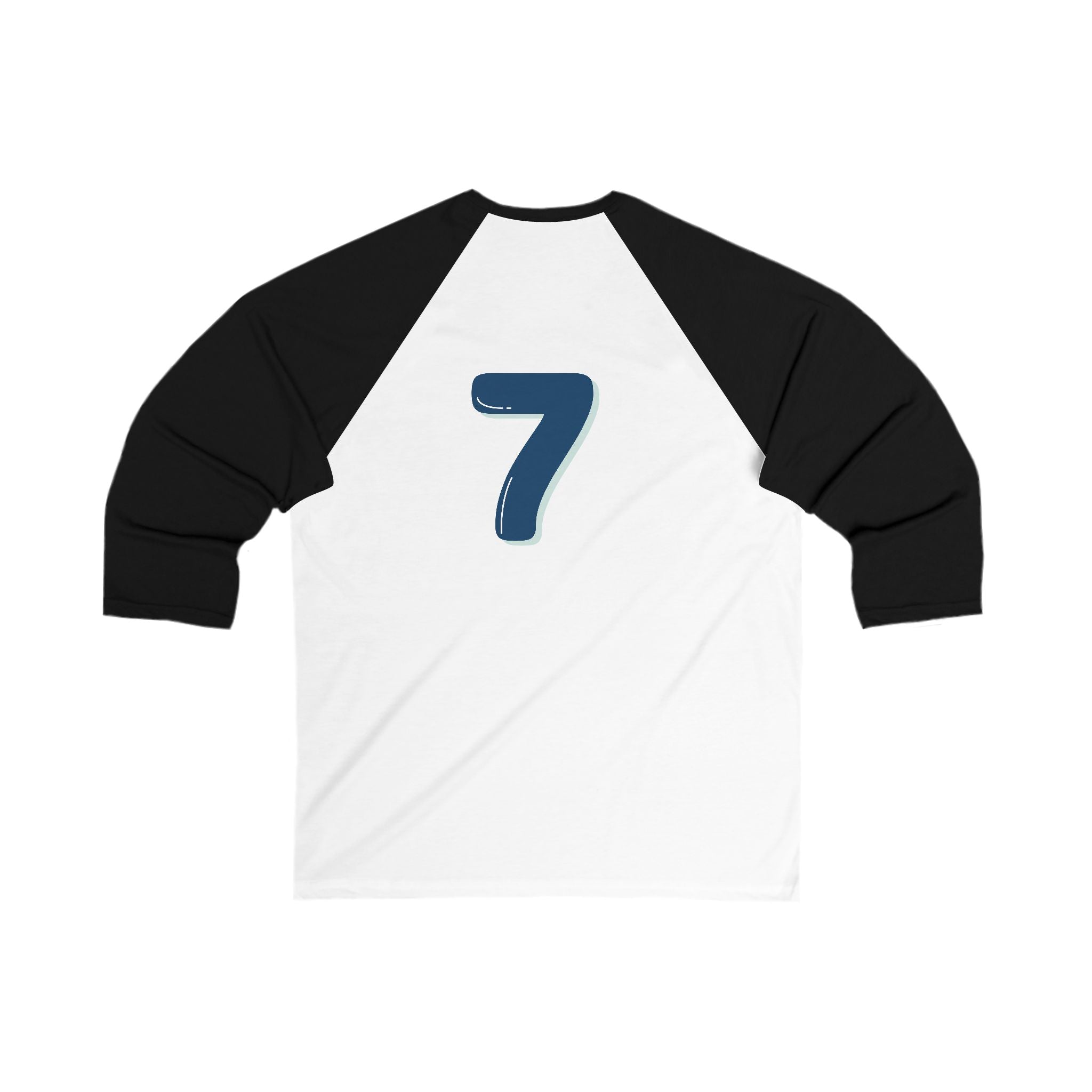 Back view of the black and white Heart In Paw baseball Tee: Featuring a blue and gray number seven graphic.