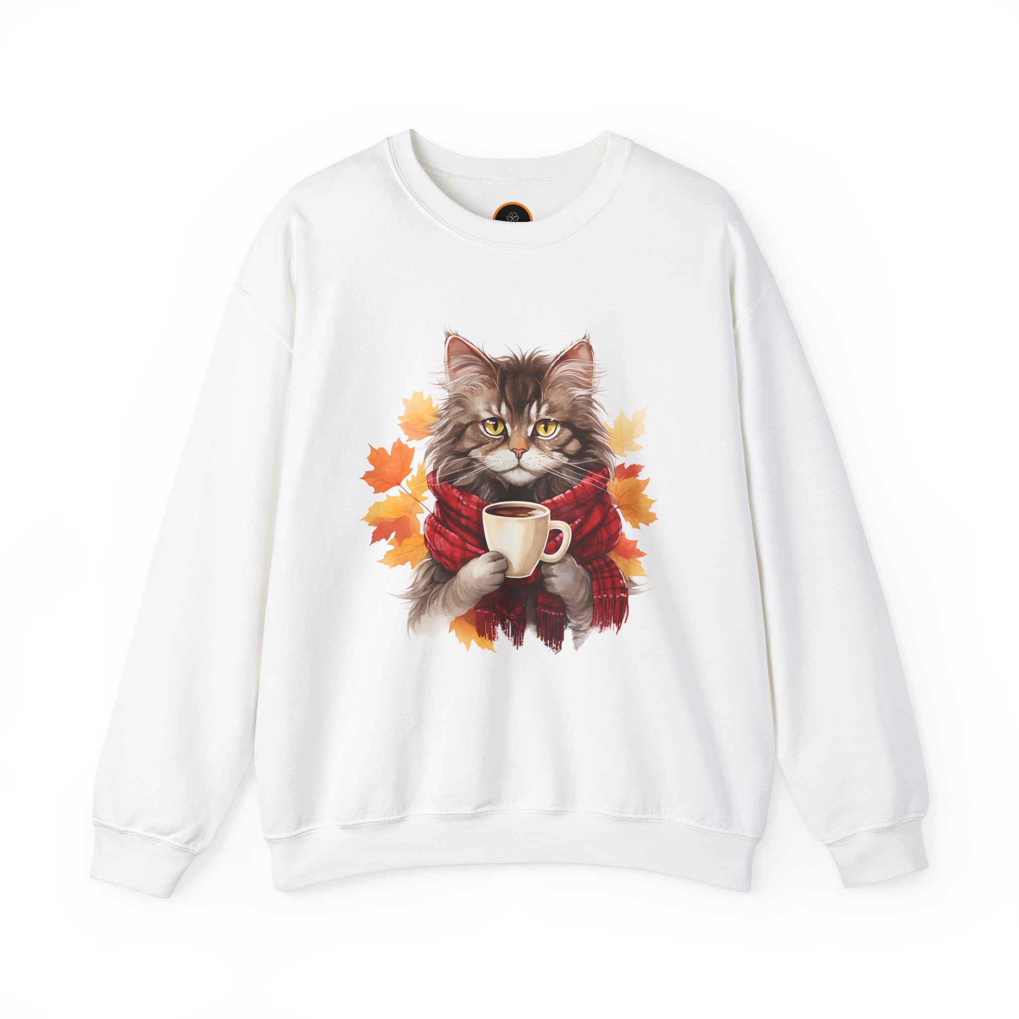 Autumn Kitty Crewneck Sweatshirt image: A cat graphic wearing a scarf and holding a hot drink, positioned within a design of fall leaves.