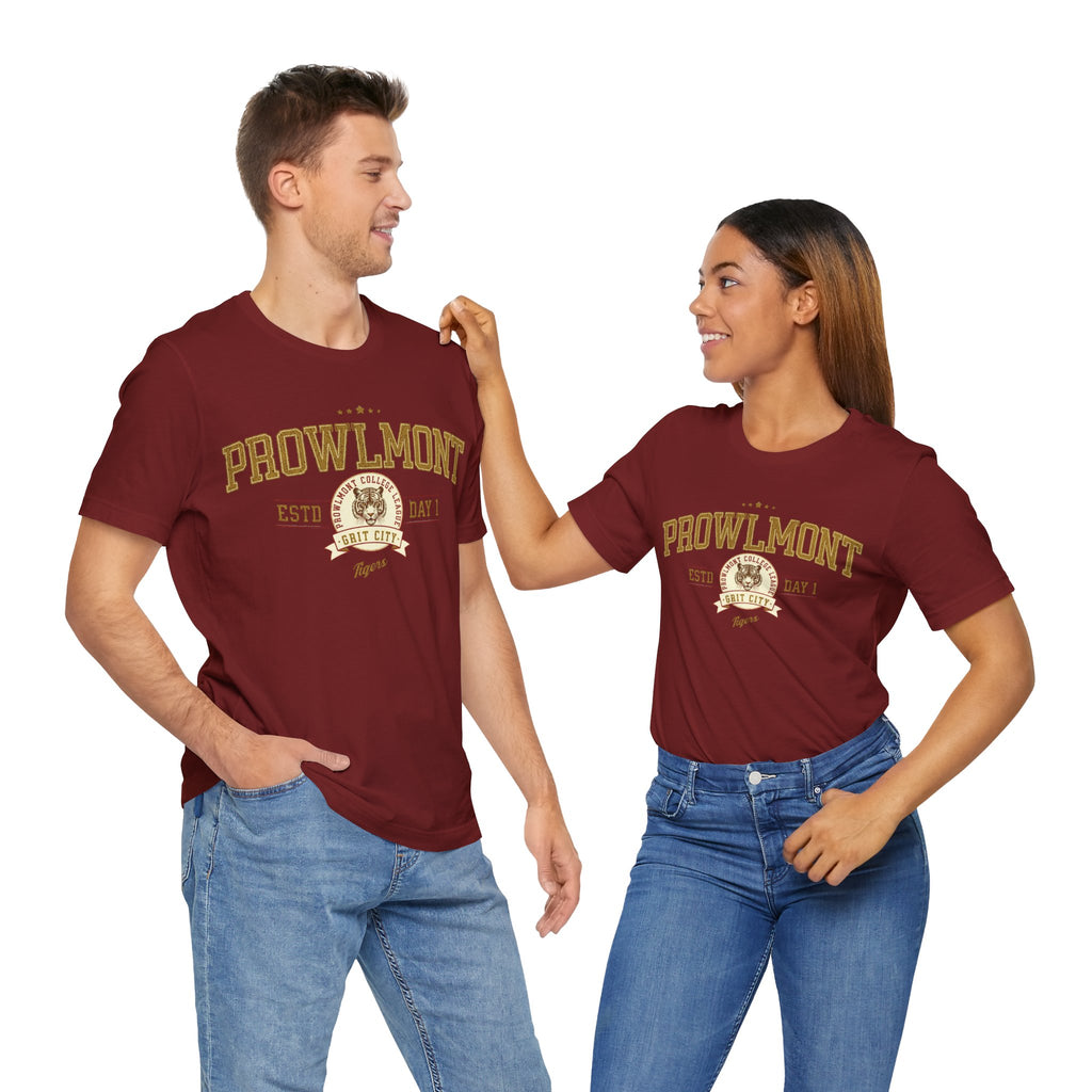 Male and female model wearing a red varsity style t-shirt with 'Prowlmont Grit City Tigers' text and tiger logo on a white background