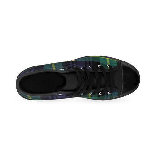 Top view of the Women's Alley Cat Kicks high top sneakers: green, black, yellow plaid all-over print.