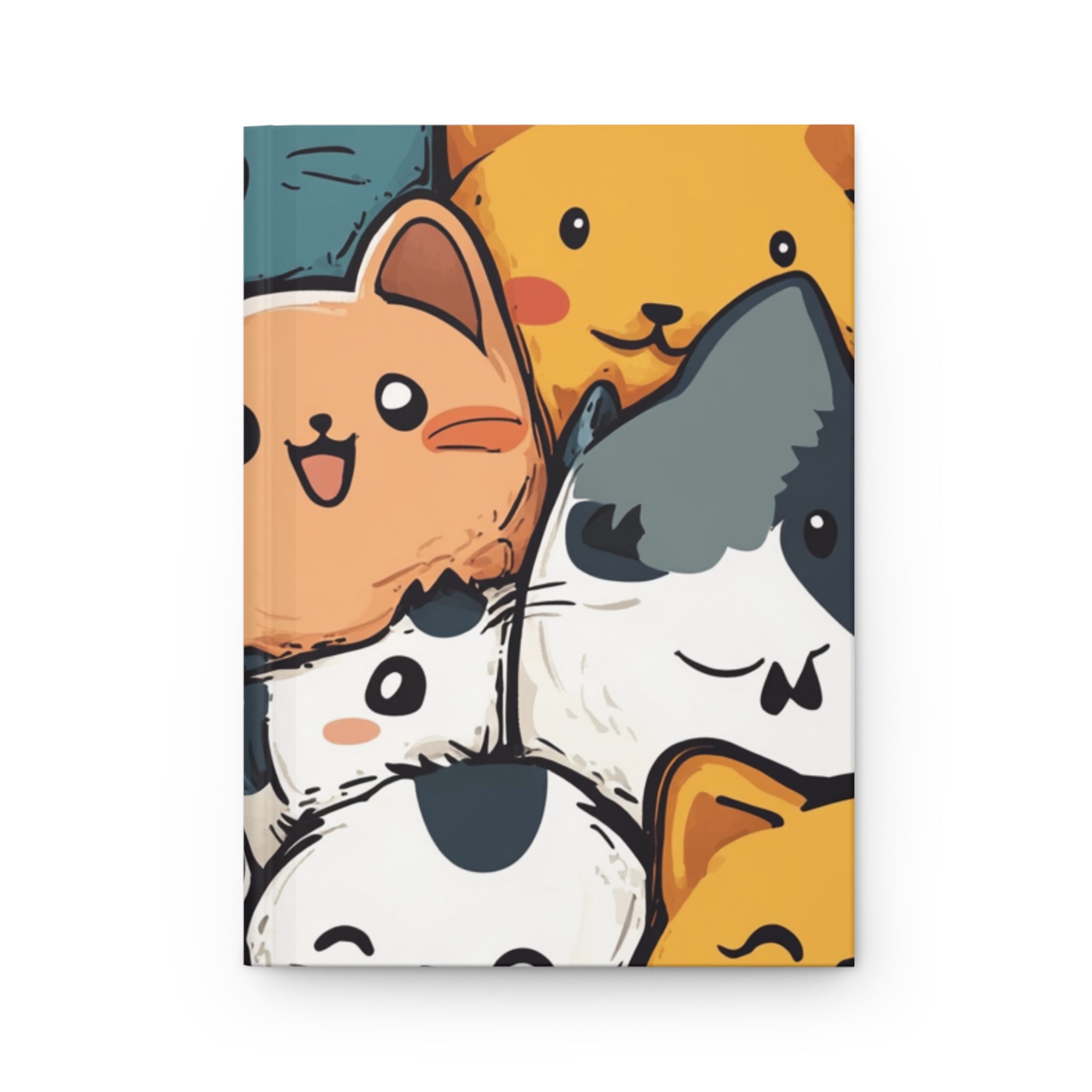 White Kawaii Party Hardcover Journal with colorful cat party graphic.