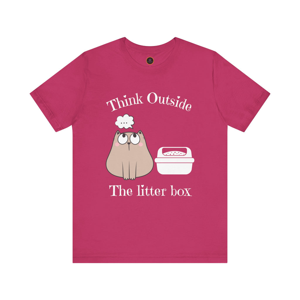 A crew neck t-shirt with the text 'Think Outside The Litter Box' and a graphic of a cat sitting next to a litter box.