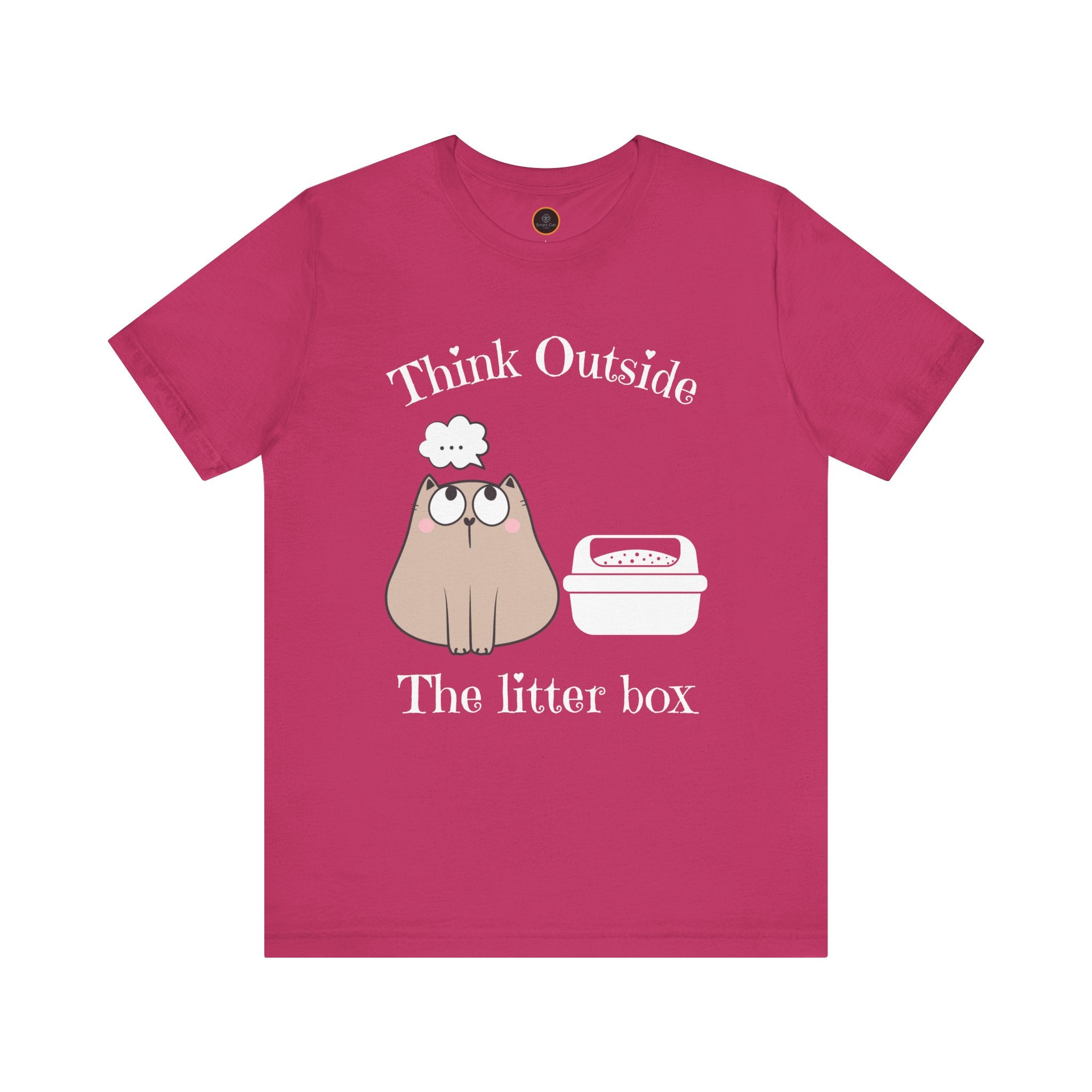 A crew neck t-shirt with the text 'Think Outside The Litter Box' and a graphic of a cat sitting next to a litter box.