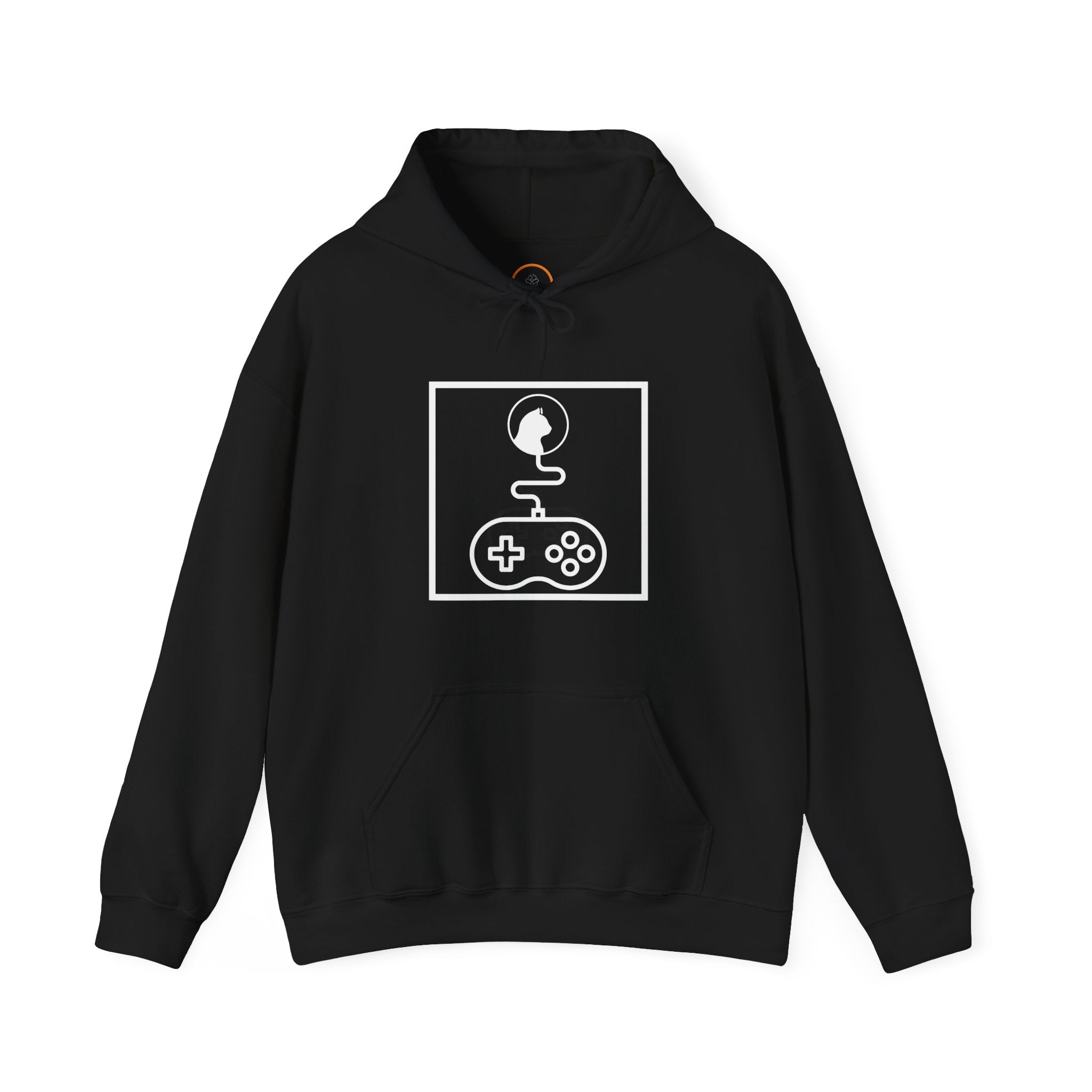 Black "Game On Kitty" Hoodie: Features a white abstract graphic composed entirely of line art shapes within a box, depicting a cat's head connected by a wire to a video game controller.