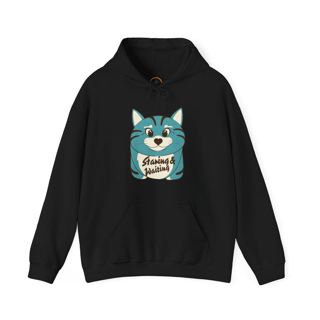 Black "Staring and Waiting" Hoodie: Features a cartoon graphic of a wide-eyed cat on the front, with the text "staring and waiting" written across its belly.