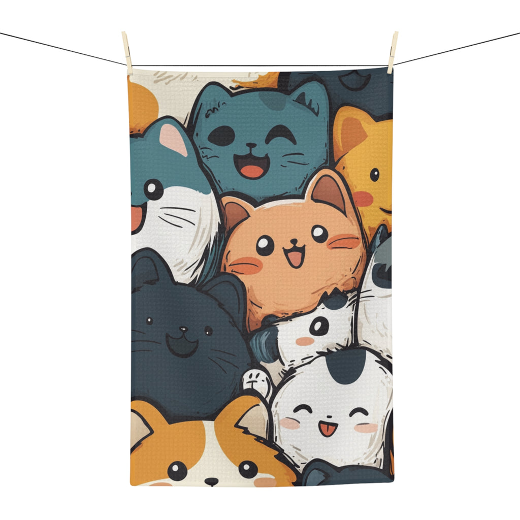 Hanging white Kawaii Party Microfiber Tea Towel with colorful cat party graphic.