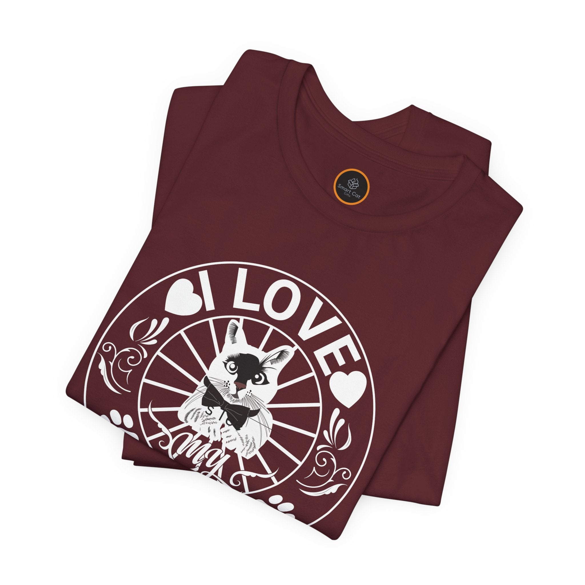 A graphic of a cat wearing a bow tie, centered within a circle. The text "I love" curves around the top of the circle, "my" is centered within the circle, and "Cat" curves around the bottom of the circle. Hearts, paw prints, and flowers decorate the remai