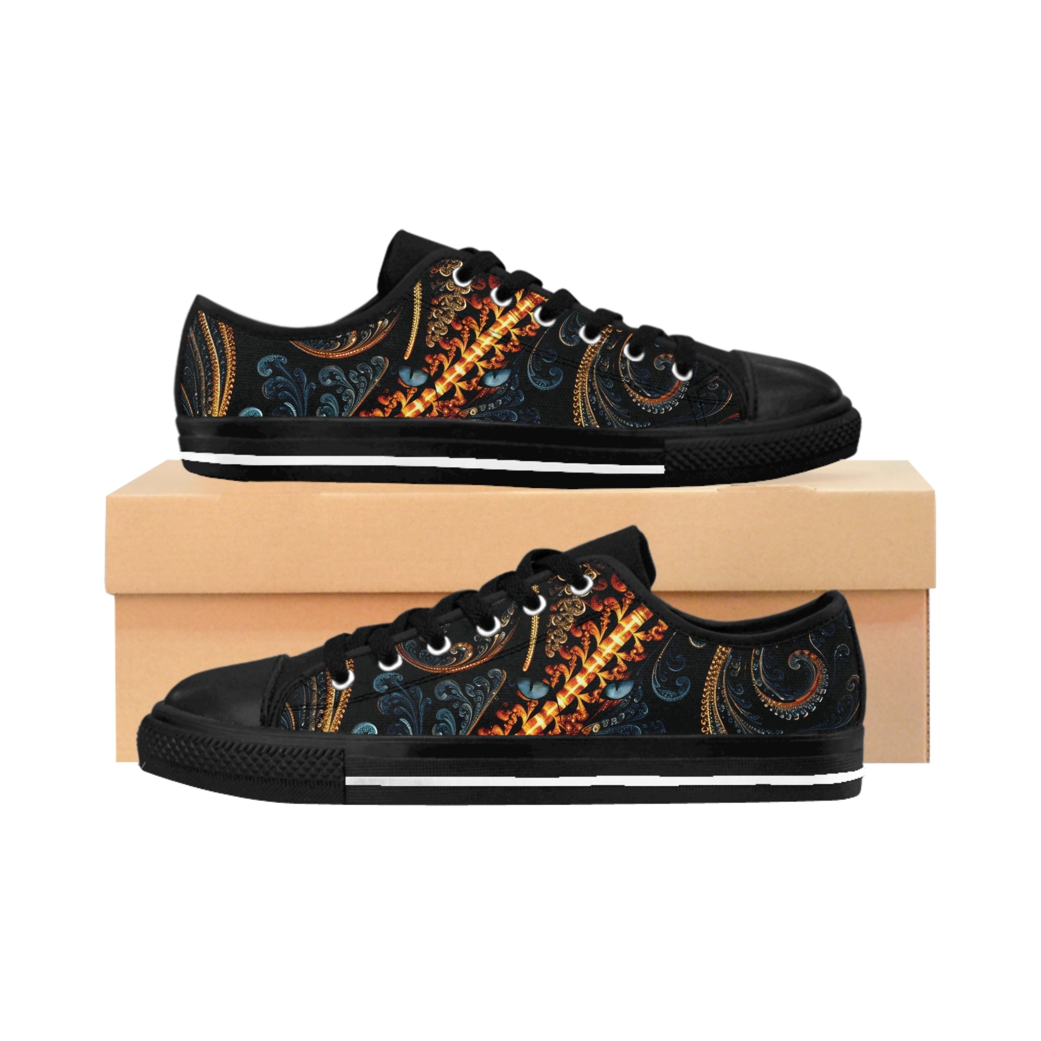  Hypnotic Eyes women's sneakers: ornate black, blue, gold pattern, two bluish  silver mysterious cat eyes on side