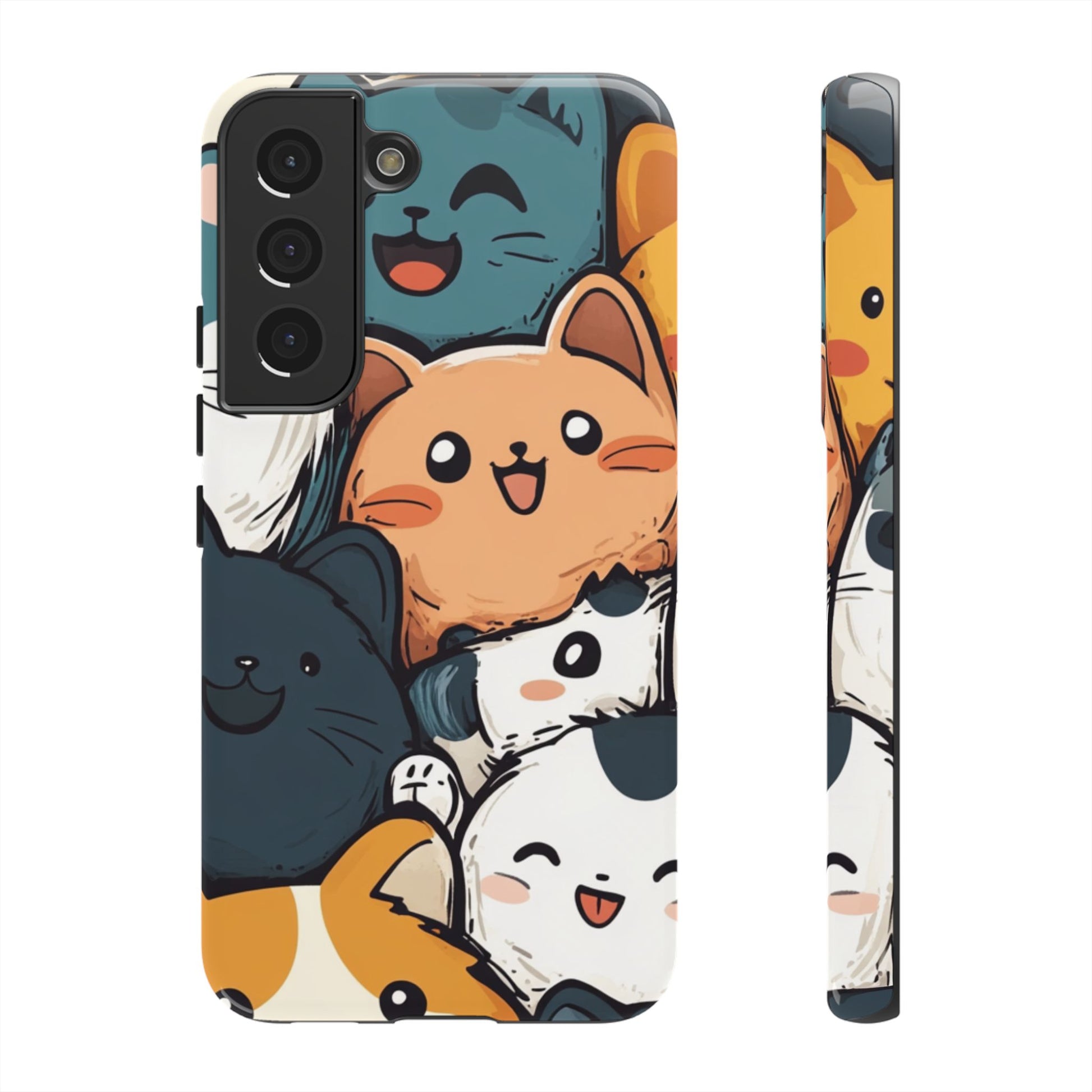 Multi-colored phone case with clustered, smiling Kawaii-style cat faces.