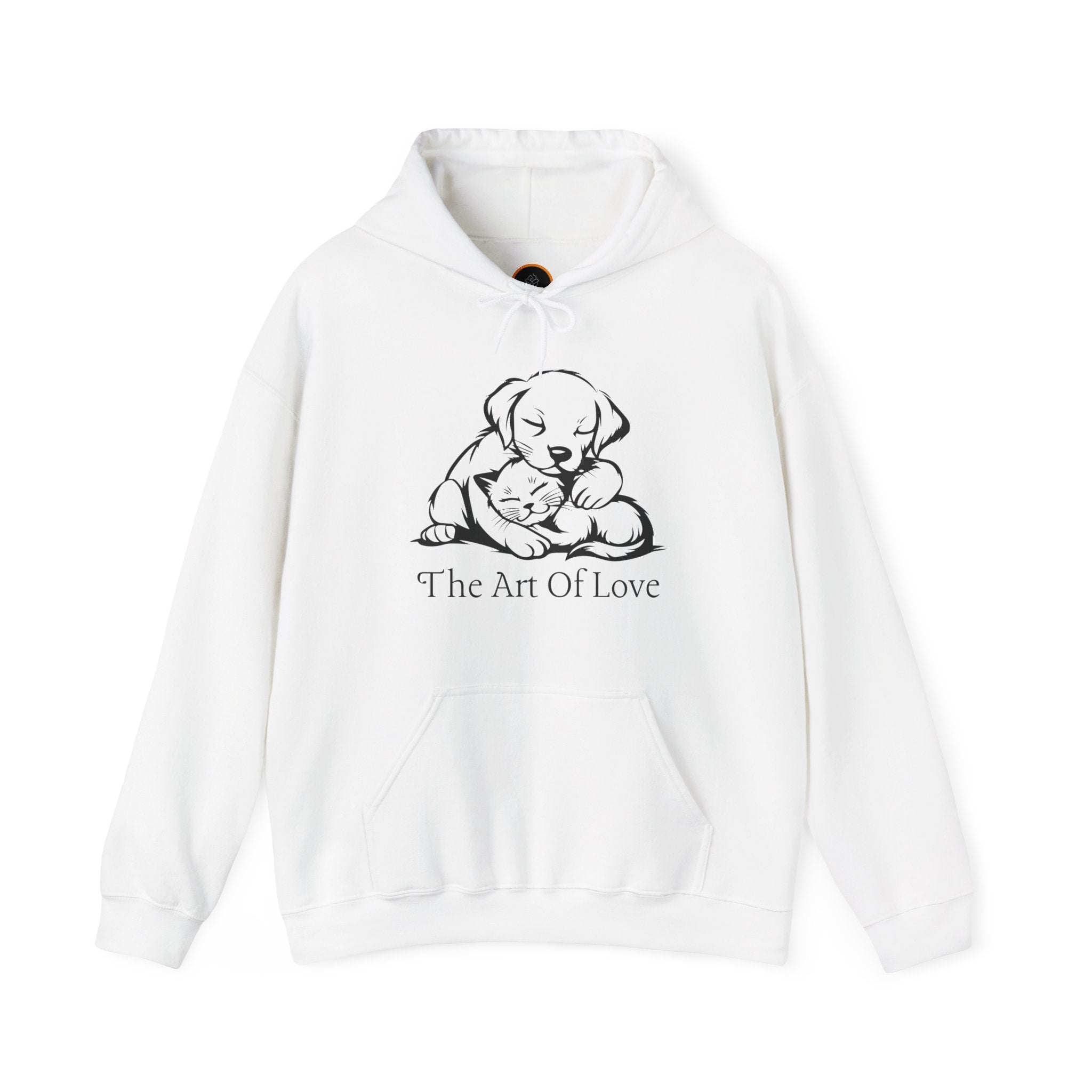 "The Art Of Love" Hoodie: Features a simple line art drawing of a puppy gently embracing a kitten. Below the illustration is the text "the art of love" 