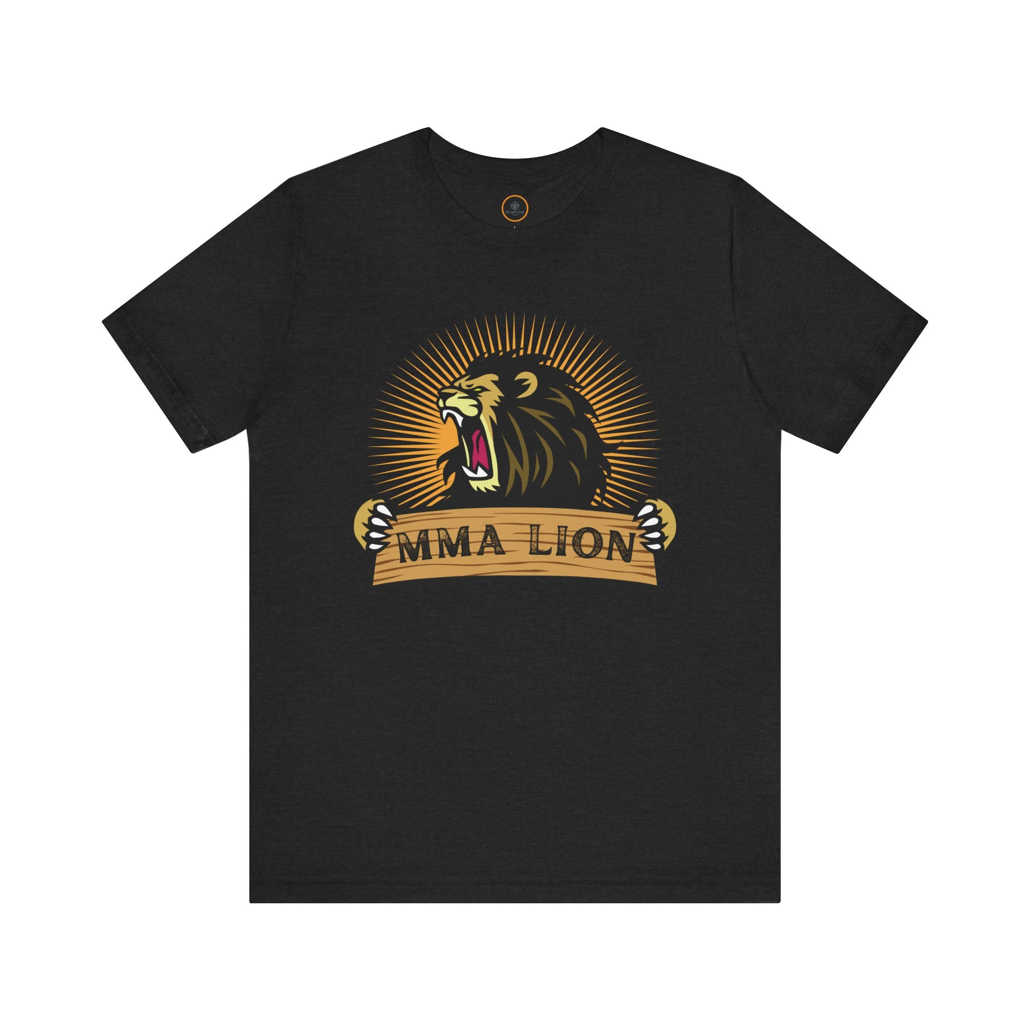 MMA Lion T-shirt: Features a graphic of a powerful, radiant, male lion roaring while appearing to stretch a wooden plank with "MMA Lion" written on it.