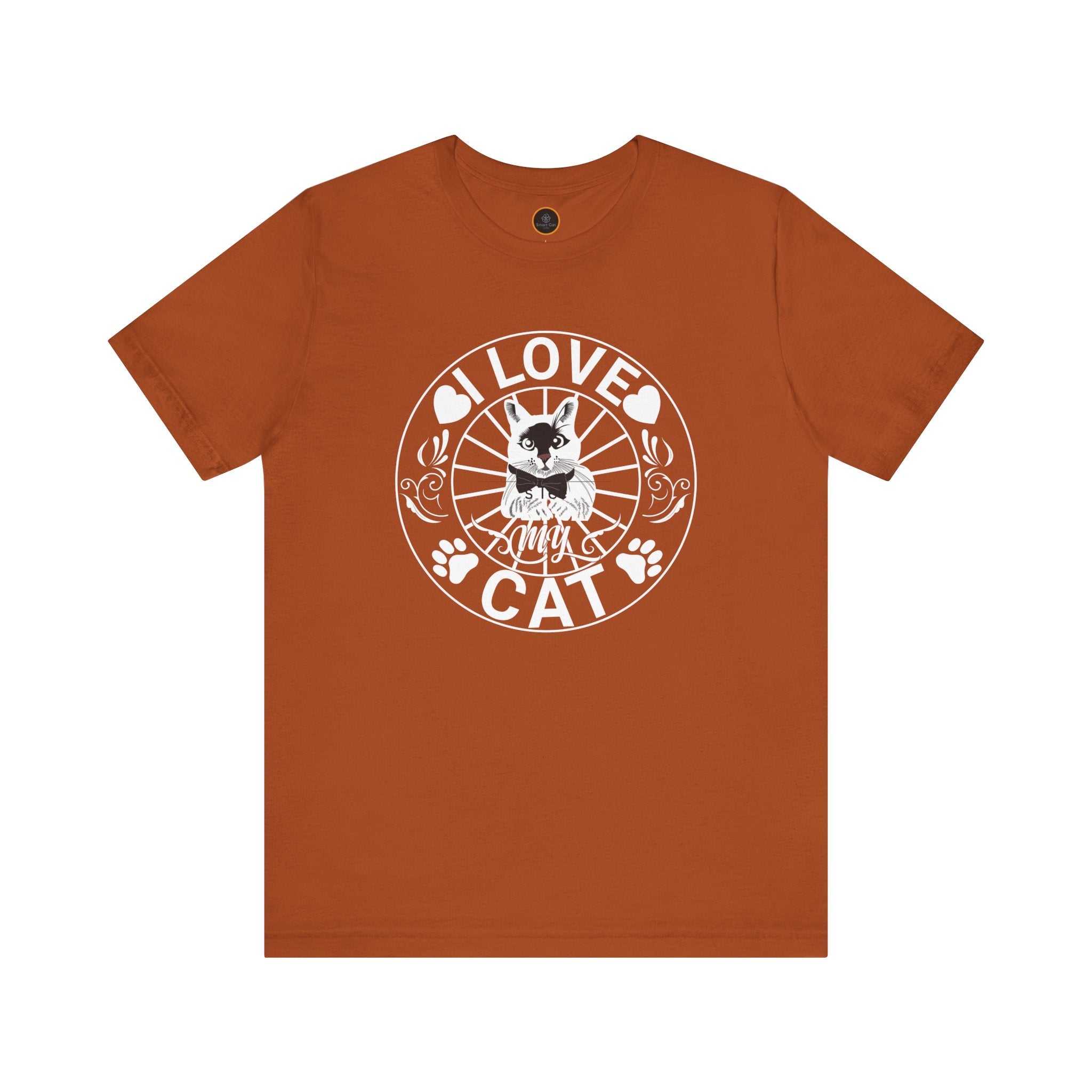 A graphic of a cat wearing a bow tie, centered within a circle. The text "I love" curves around the top of the circle, "my" is centered within the circle, and "Cat" curves around the bottom of the circle. Hearts, paw prints, and flowers decorate the remaining space inside.