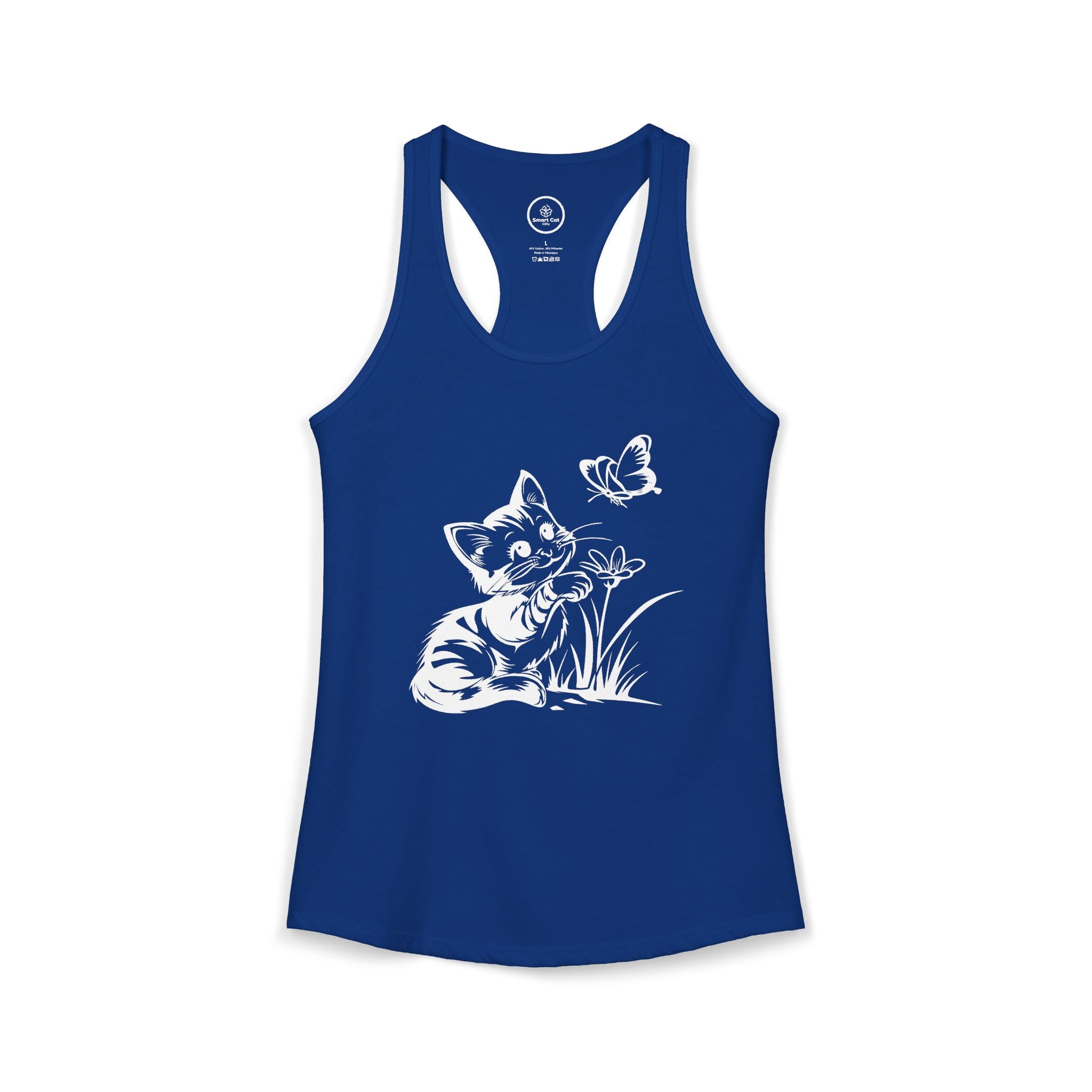 Royal blue Butterfly Kitty Women's Racerback Tank Top — white line art kitten reaching for a butterfly.