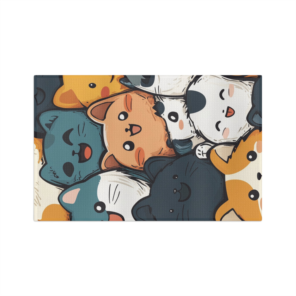 White Kawaii Party Microfiber Tea Towel with colorful cat party graphic, horizontal.