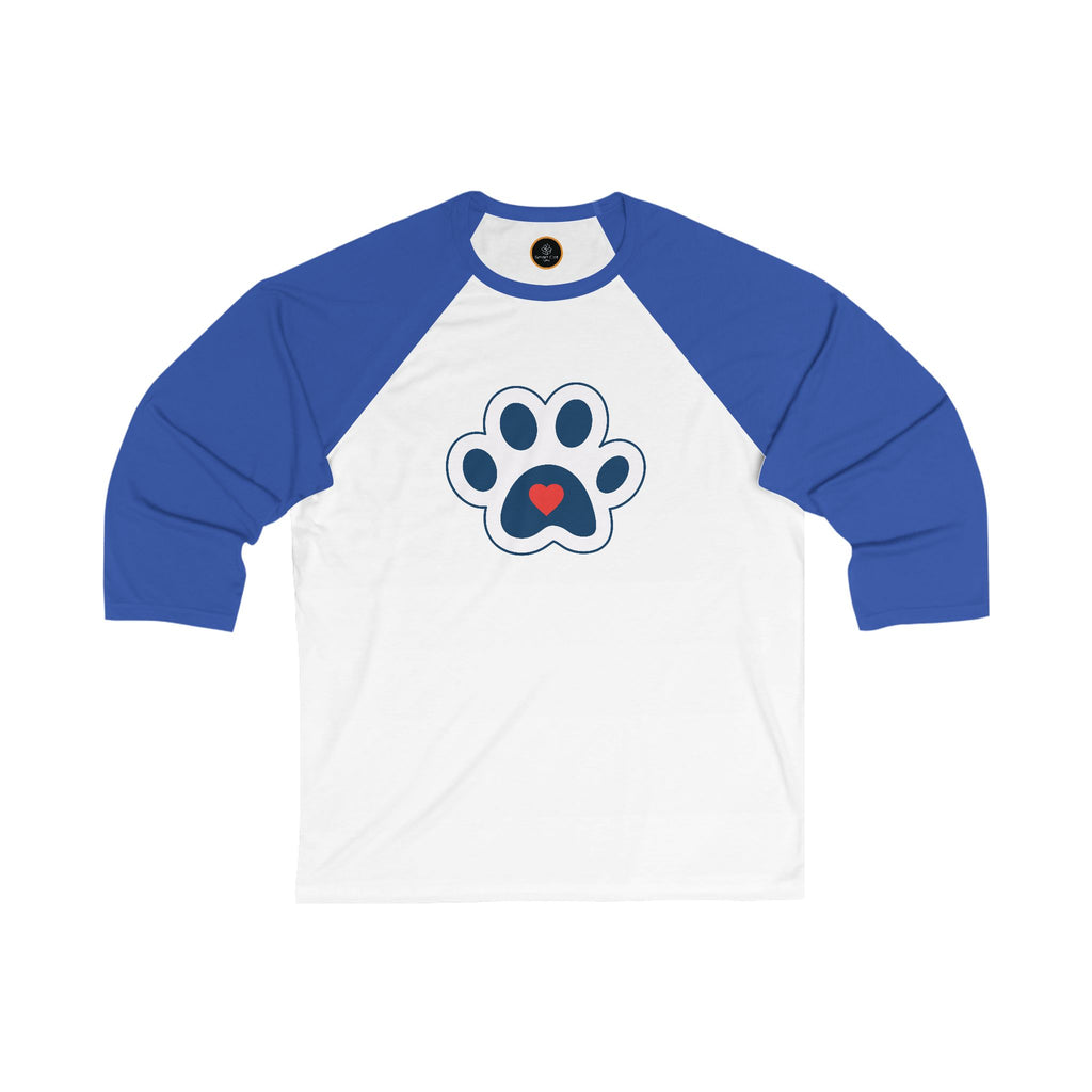 White and blue Heart In Paw baseball Tee: Blue and white cat paw graphic with a red heart in the center.
