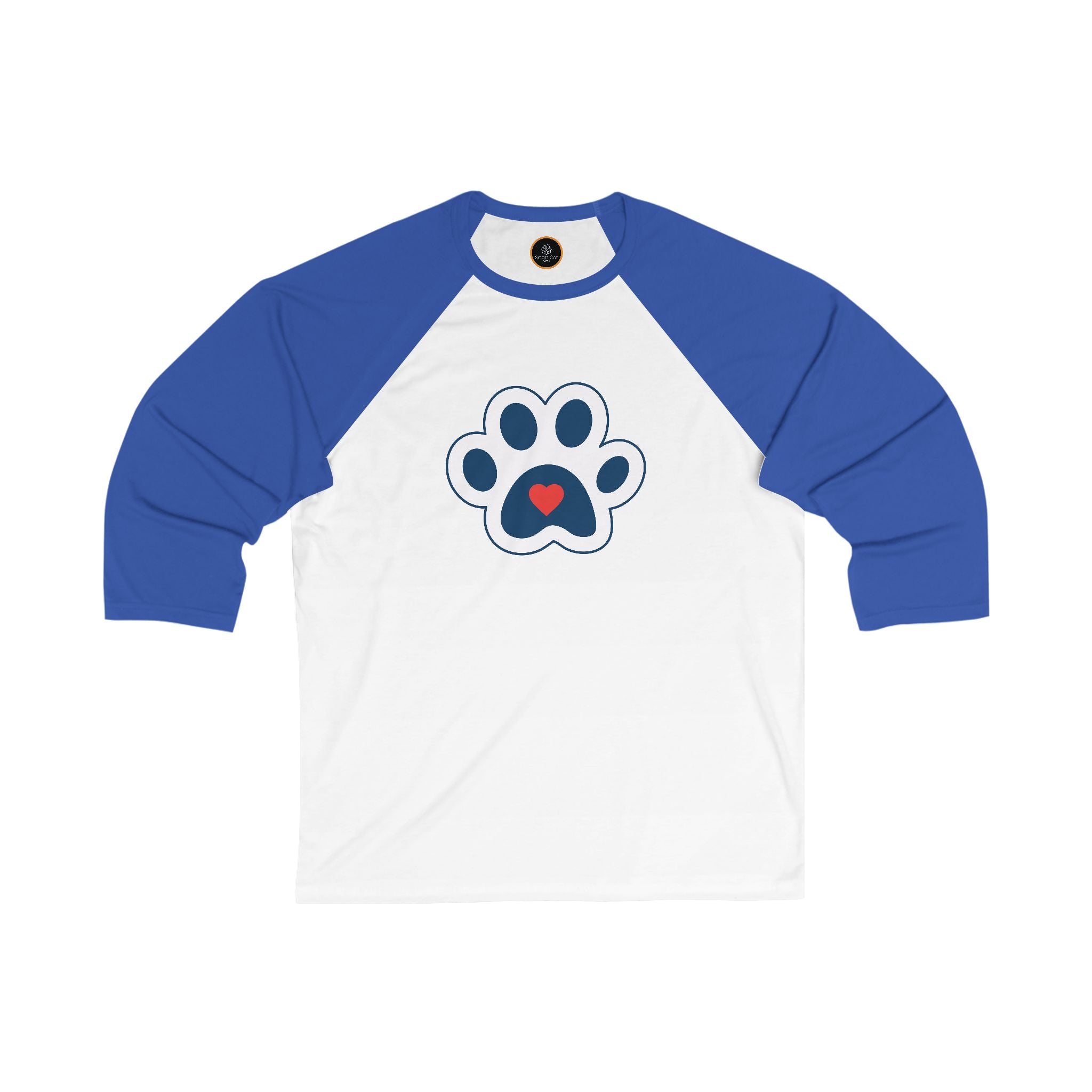 White and blue Heart In Paw baseball Tee: Blue and white cat paw graphic with a red heart in the center.
