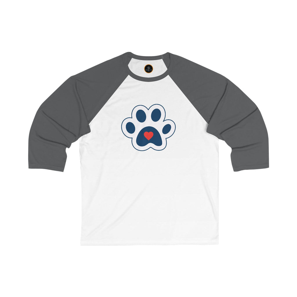 White and gray Heart In Paw baseball Tee: Blue and white cat paw graphic with a red heart in the center.