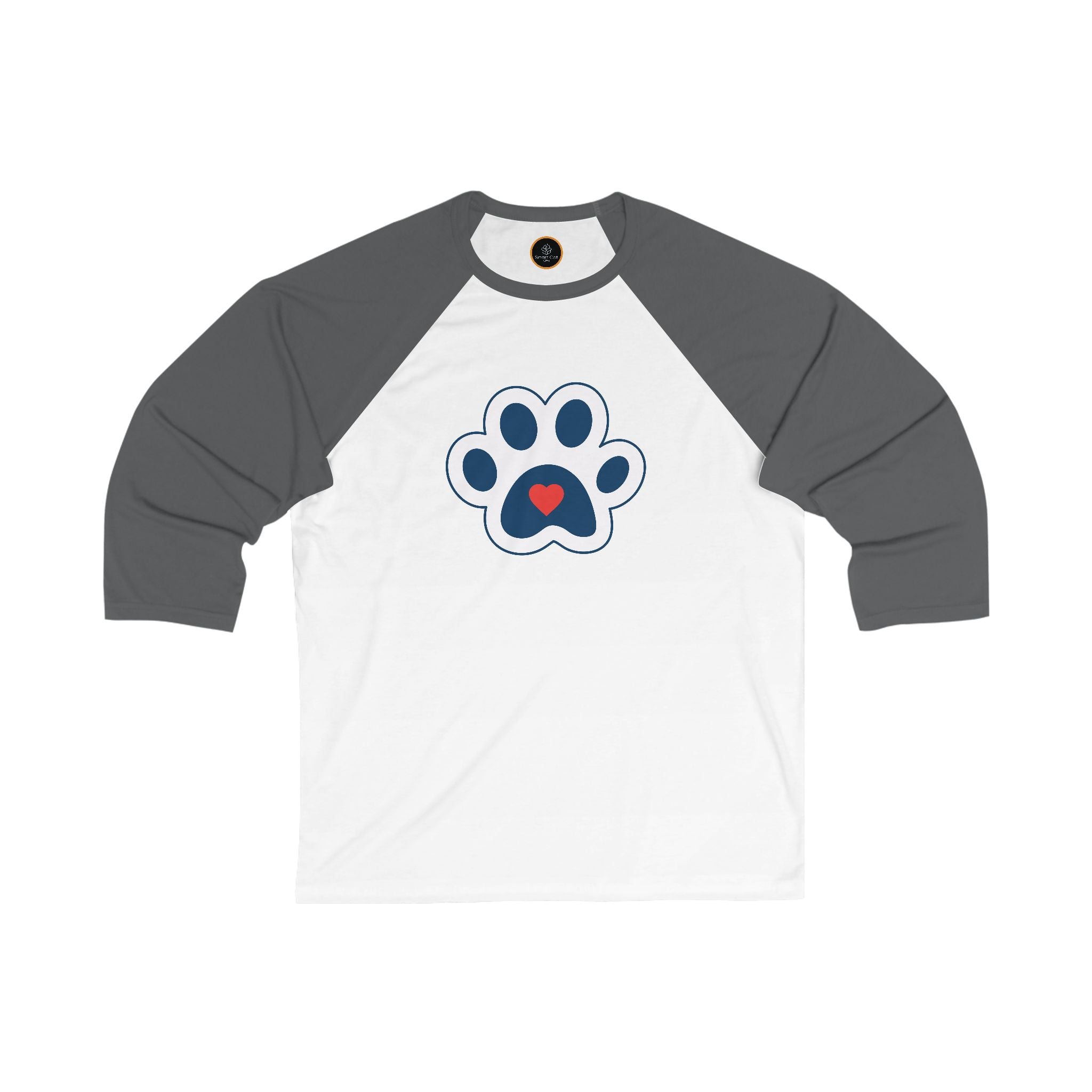 White and gray Heart In Paw baseball Tee: Blue and white cat paw graphic with a red heart in the center.