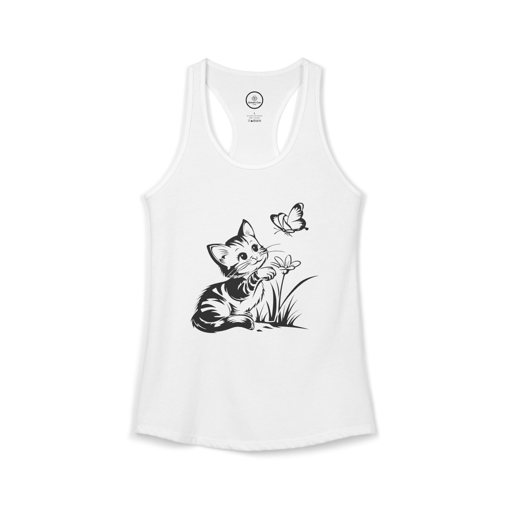 White Butterfly Kitty Women's Racerback Tank Top — black line art kitten reaching for a butterfly.