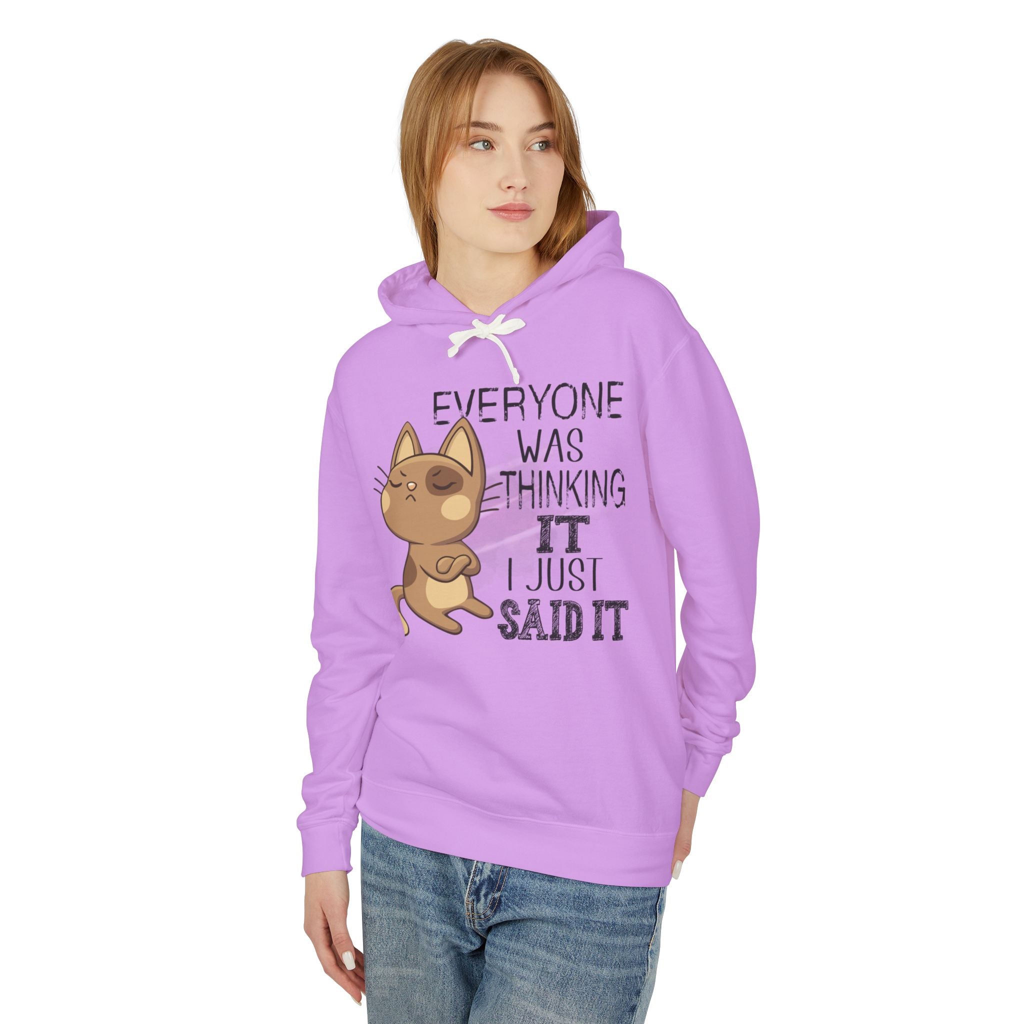 Female model in a purple "Everyone Was Thinking It..." hoodie with a cat graphic and the text "everyone was thinking it, I just said it."