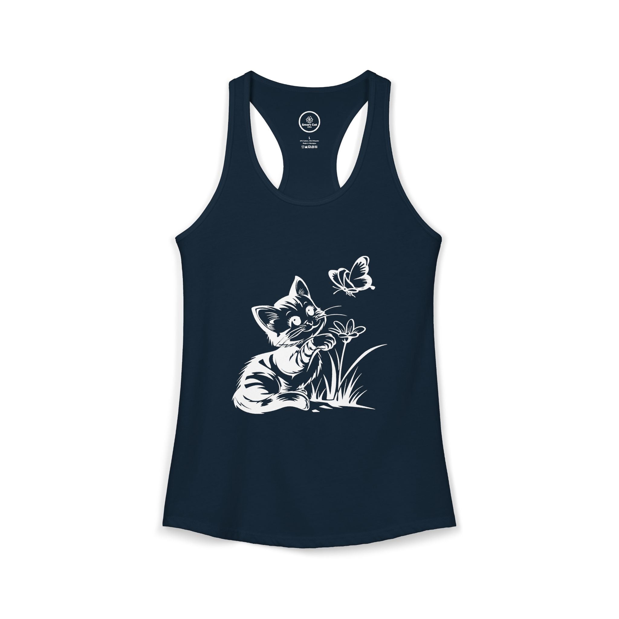 Navy Butterfly Kitty Women's Racerback Tank Top — white line art kitten reaching for a butterfly.