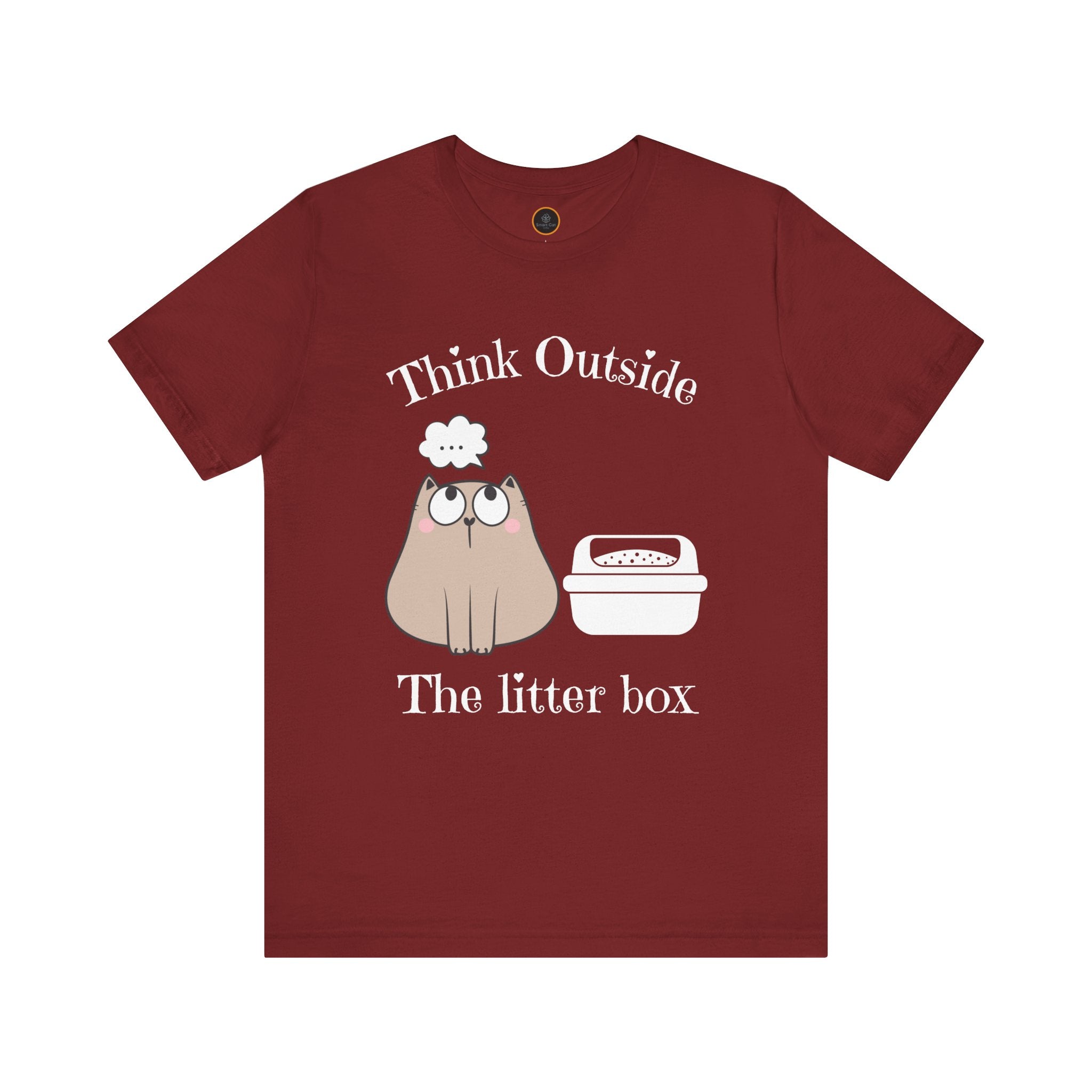 A crew neck t-shirt with the text 'Think Outside The Litter Box' and a graphic of a cat sitting next to a litter box.