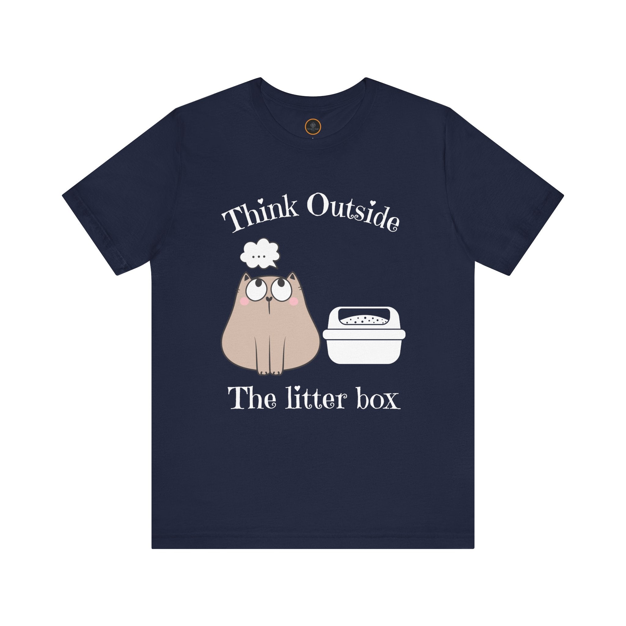 A crew neck t-shirt with the text 'Think Outside The Litter Box' and a graphic of a cat sitting next to a litter box.