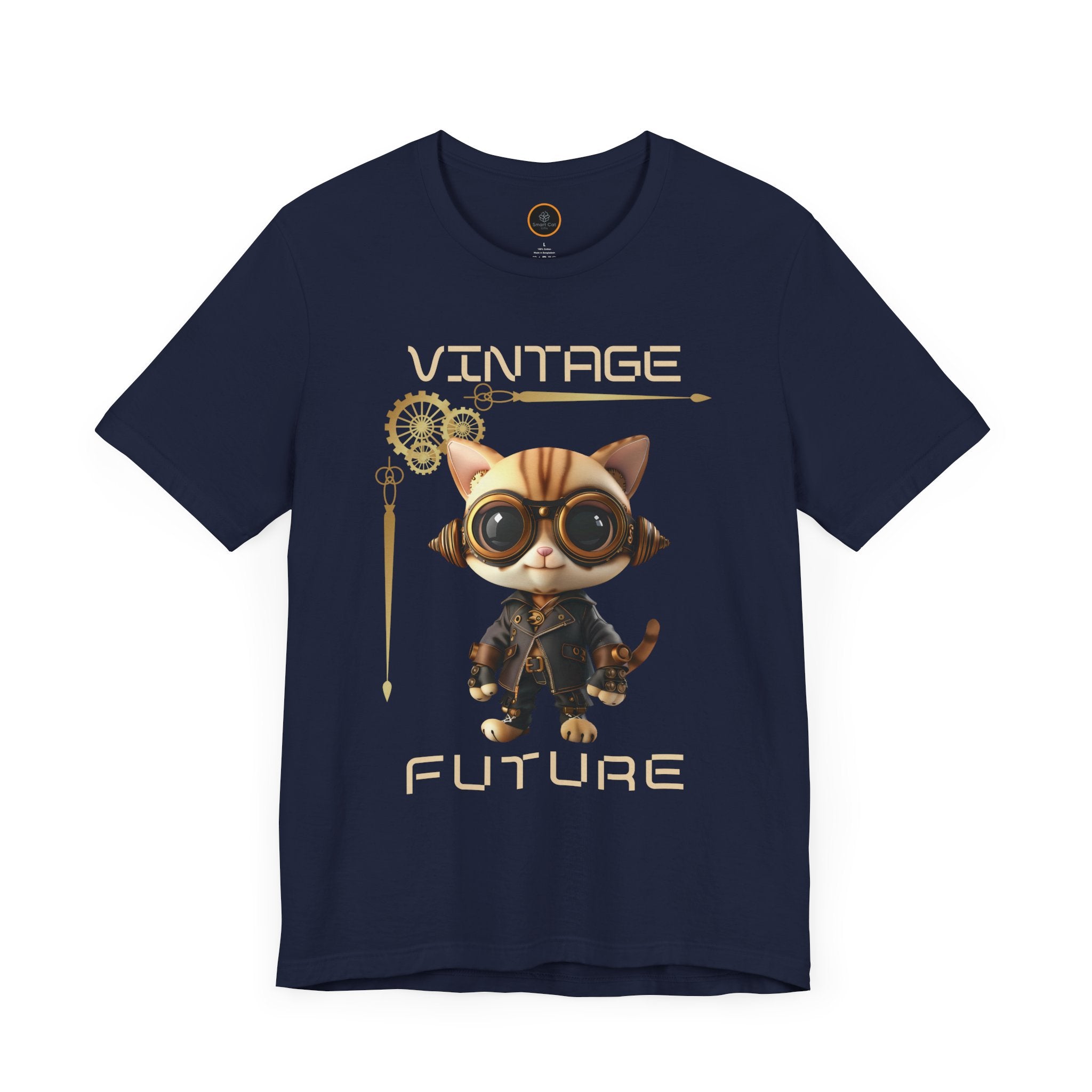 A graphic of a steampunk cat with goggles, half-framed by a border of gears. The word "Vintage" is written above the graphic, and "Future" is written below it.