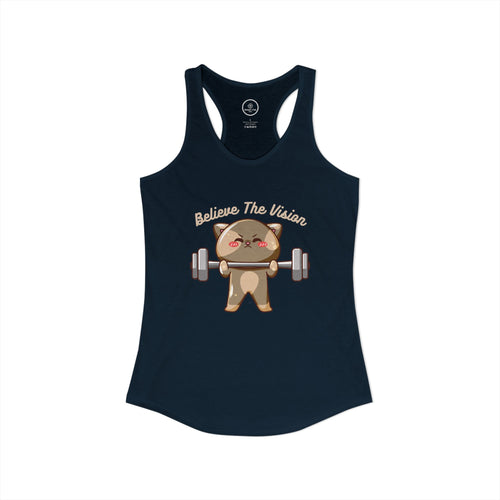 Believe the Vision navy blue tank top: image of a cat lifting weights.