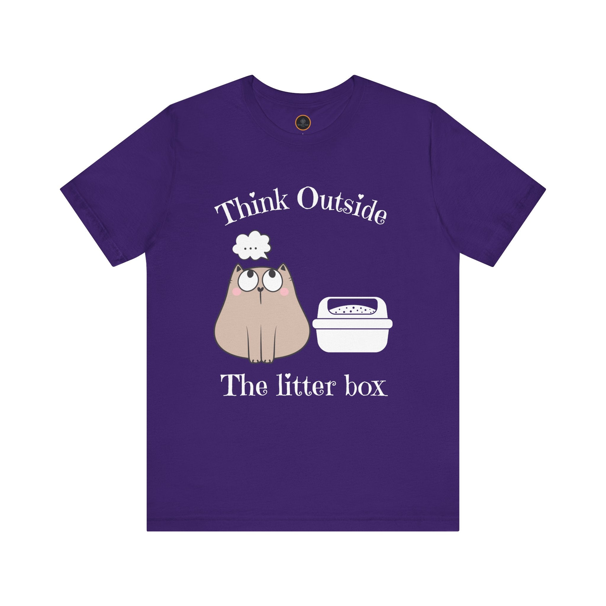 A crew neck t-shirt with the text 'Think Outside The Litter Box' and a graphic of a cat sitting next to a litter box.