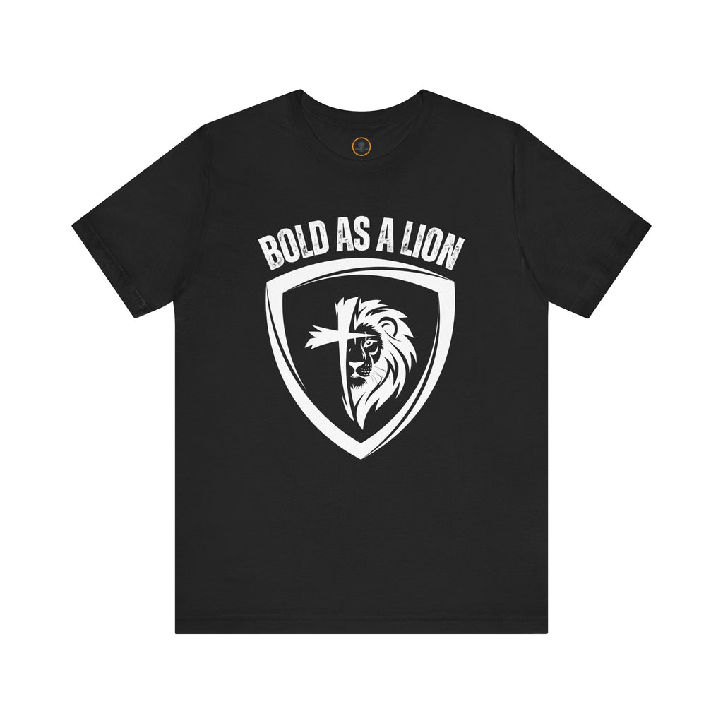 The Bold As A Lion t-shirt: Featuring a graphic with half of a lion's face merging into half of a cross within a shield outline. The text "bold as a lion" is printed above the graphic.