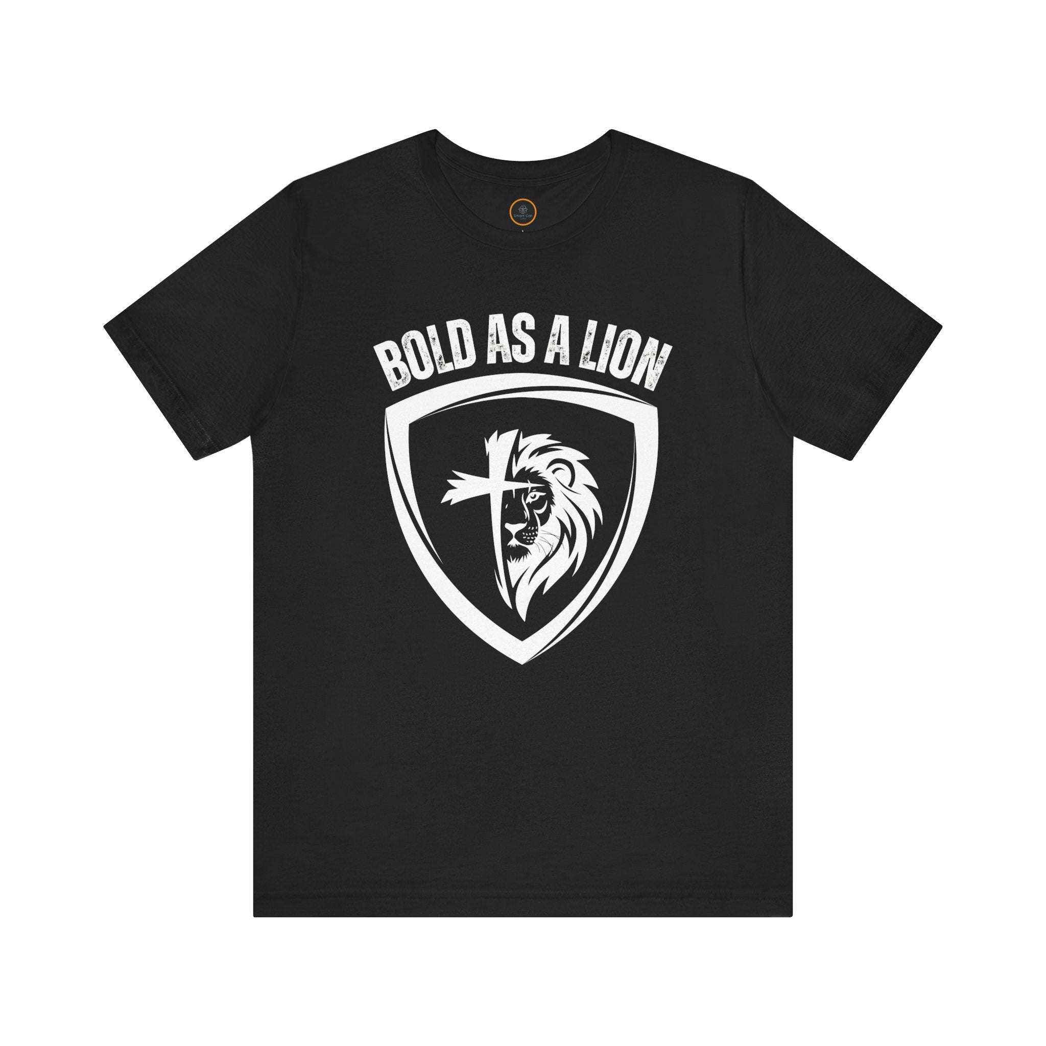 The Bold As A Lion t-shirt: Featuring a graphic with half of a lion's face merging into half of a cross within a shield outline. The text "bold as a lion" is printed above the graphic.