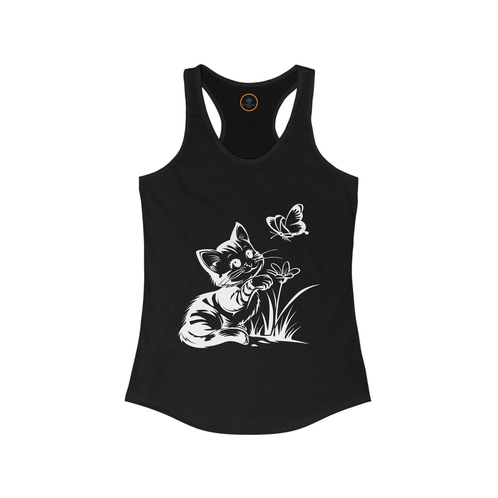 Image of the Butterfly Kitty Women's Racerback Tank Top, with a white line art drawing of a kitten trying to catch a butterfly.