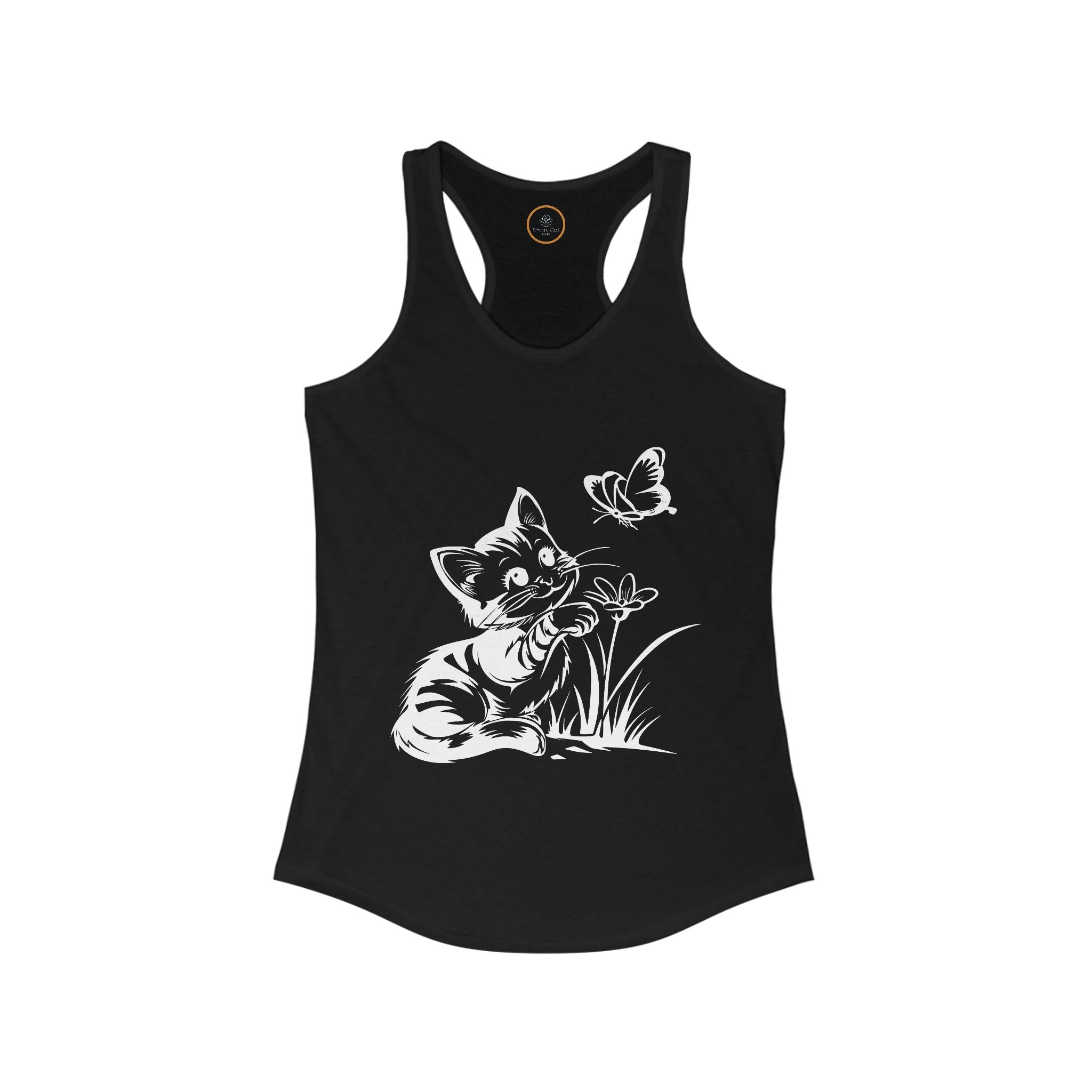 Image of the Butterfly Kitty Women's Racerback Tank Top, with a white line art drawing of a kitten trying to catch a butterfly.