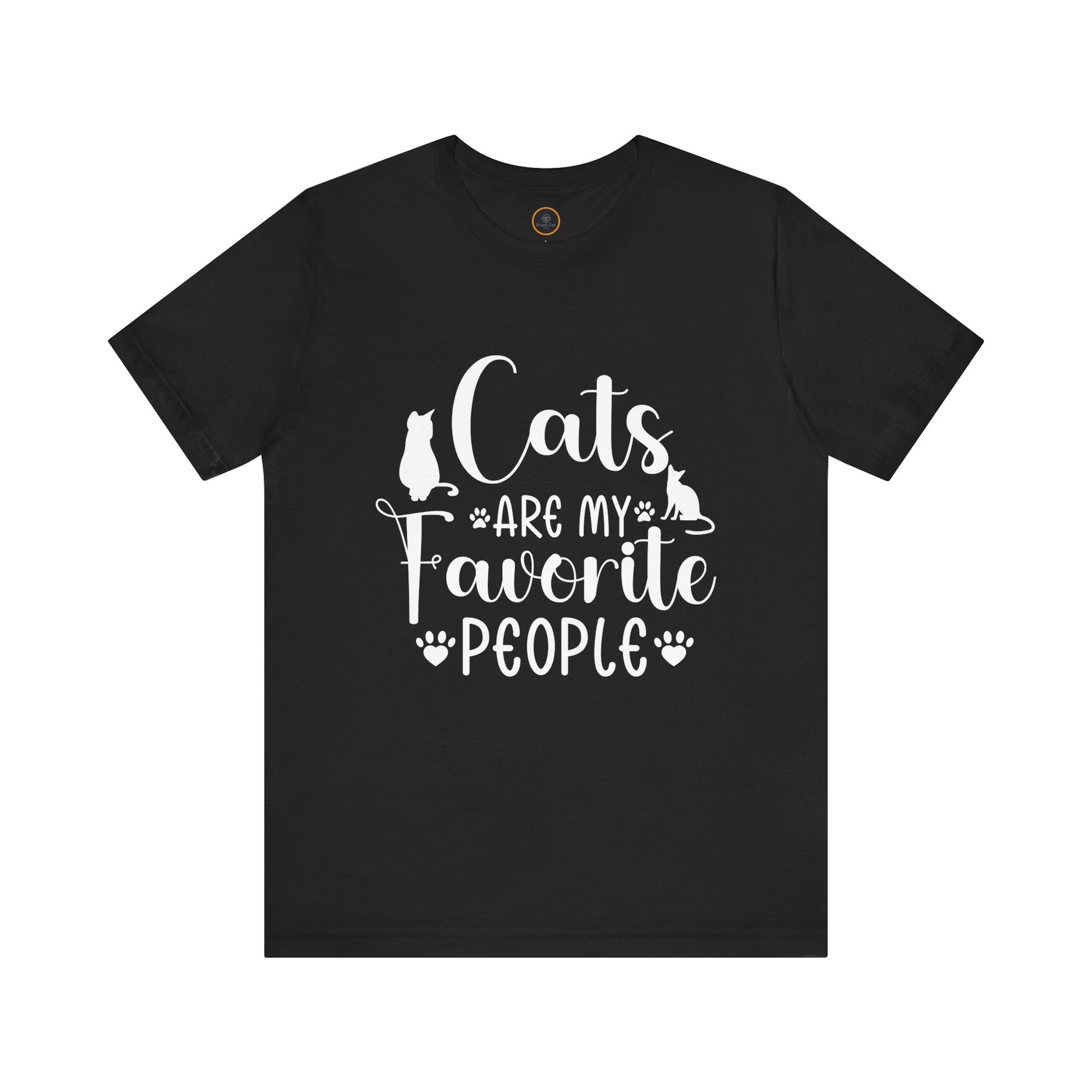 A t-shirt displays the text "Cats are my favorite people" in large letters, complemented by a design of four cat paw prints and two cat silhouettes.