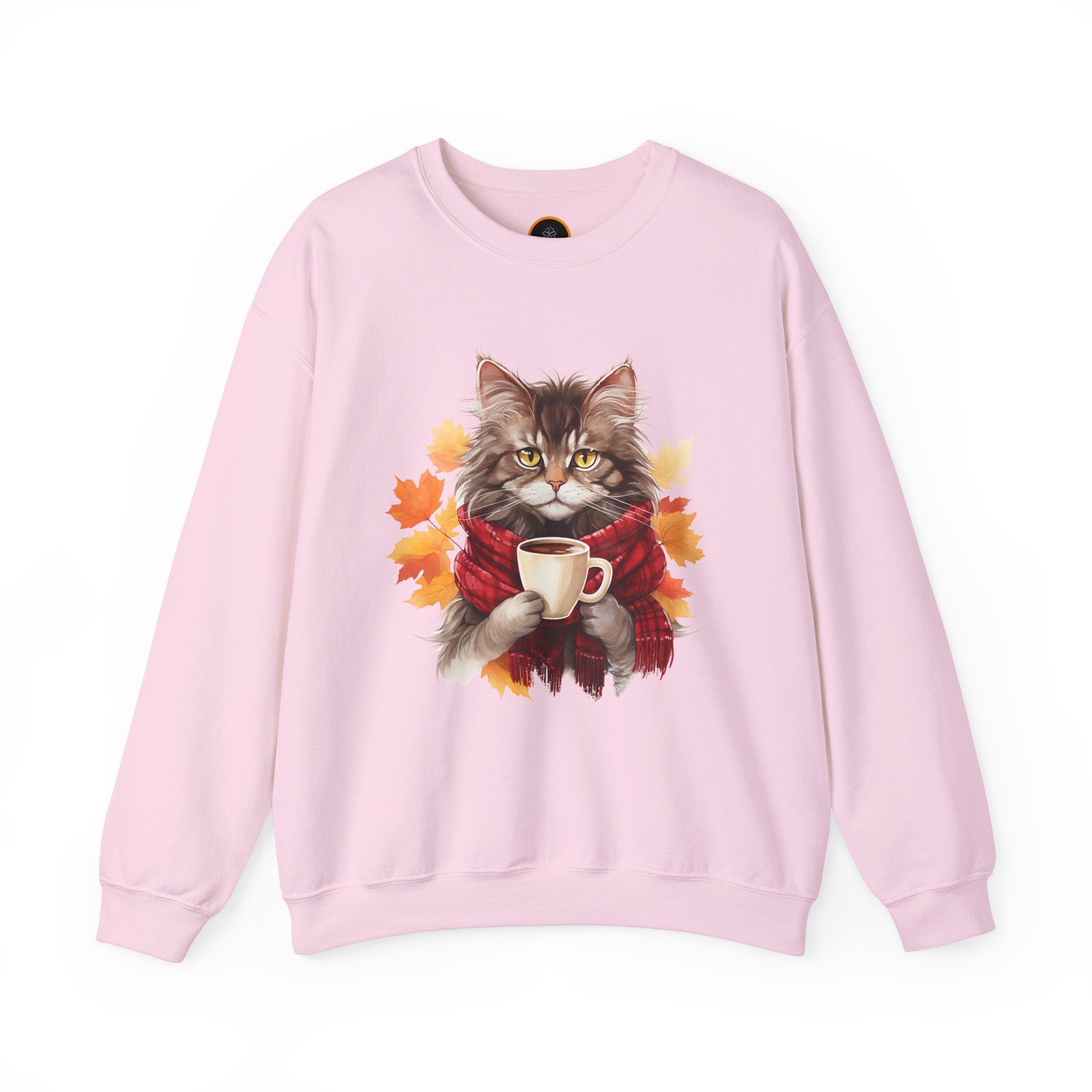 Autumn Kitty Crewneck Sweatshirt image: A cat graphic wearing a scarf and holding a hot drink, positioned within a design of fall leaves.