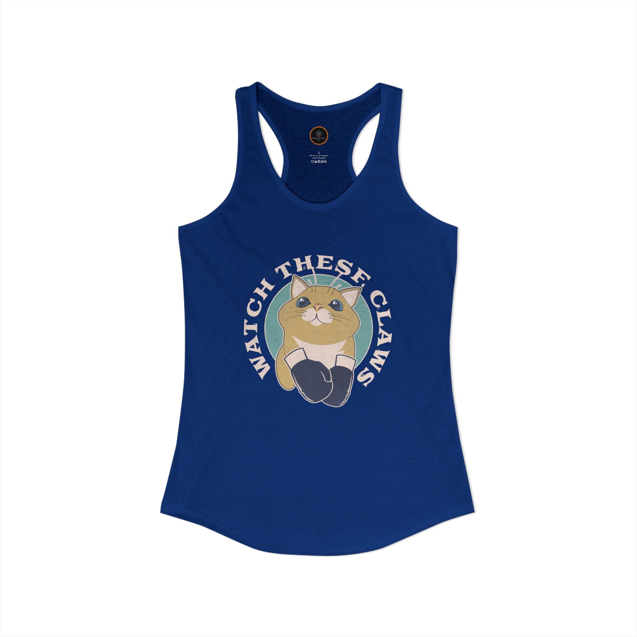 Royal blue Watch These Claws tank top, graphic of a cat wearing boxing gloves.