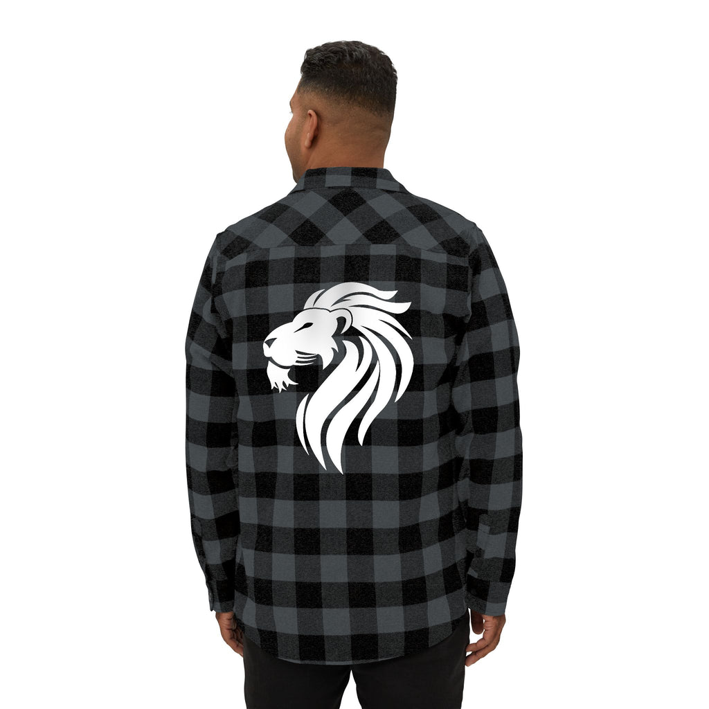 Model wearing the Lion's Mane Flannel Shirt, featuring a lion graphic on the back. Profile view.