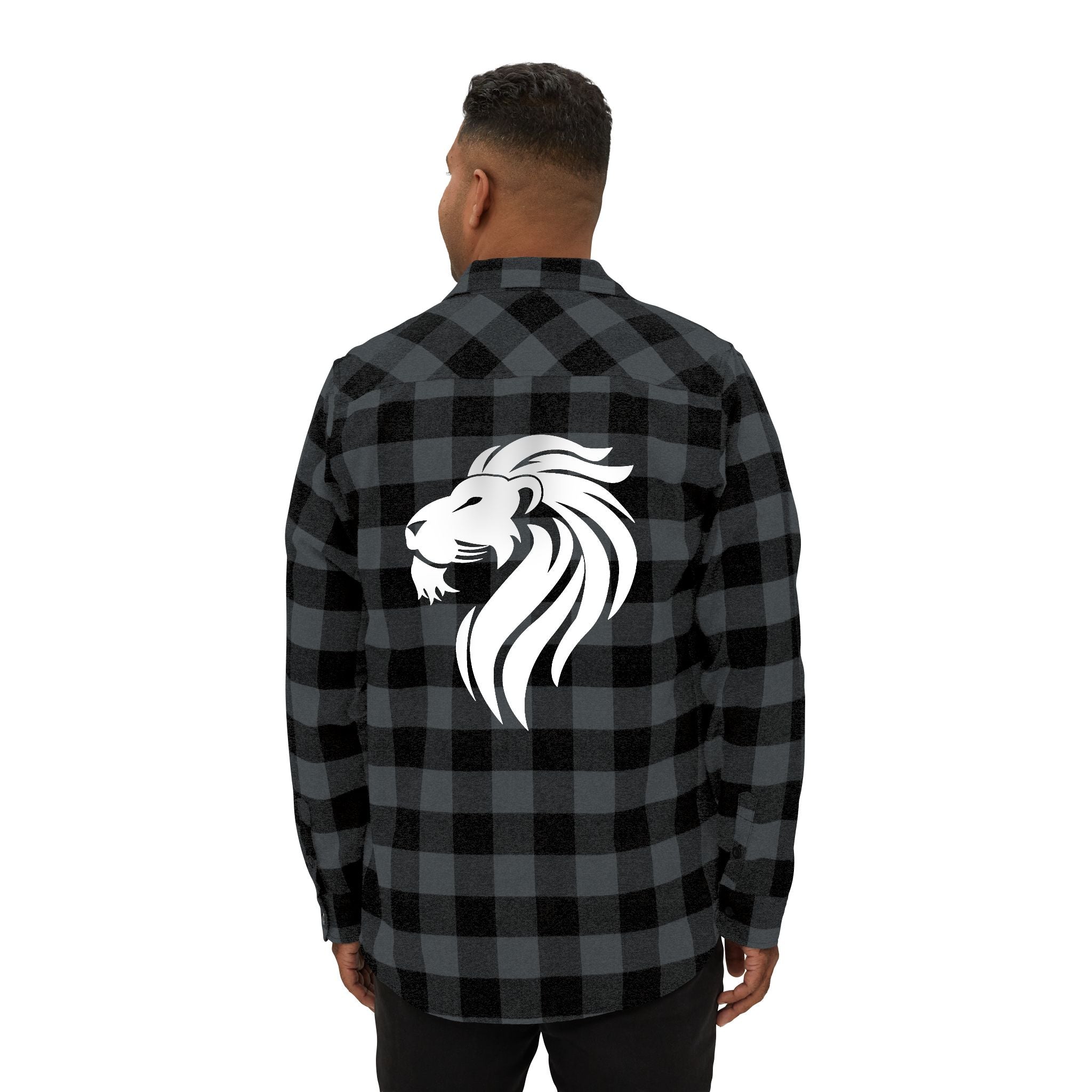 Model wearing the Lion's Mane Flannel Shirt, featuring a lion graphic on the back. Profile view.