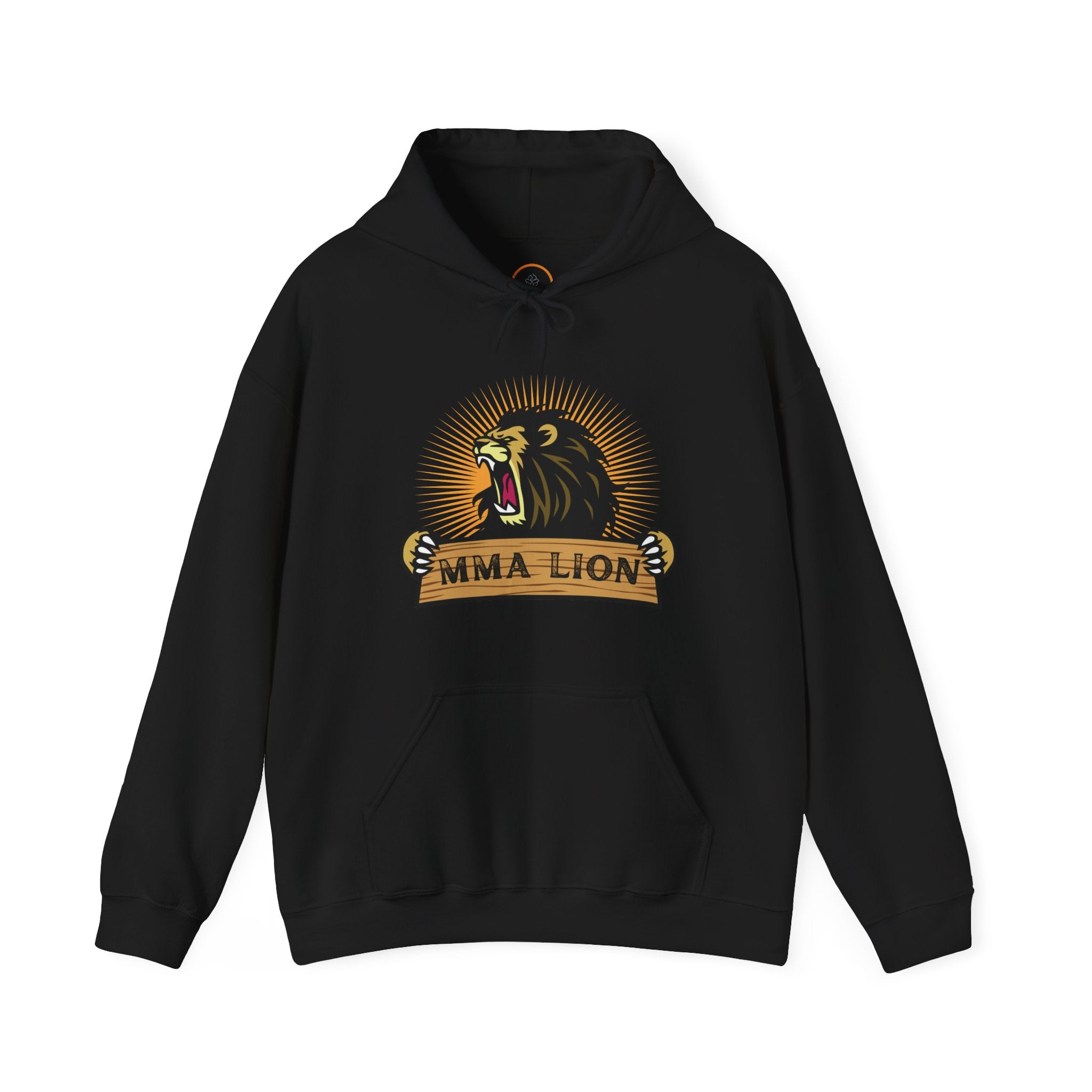 MMA Lion Hoodie: Features a graphic of a powerful, radiant, male lion roaring while appearing to stretch a wooden plank with "MMA Lion" written on it.