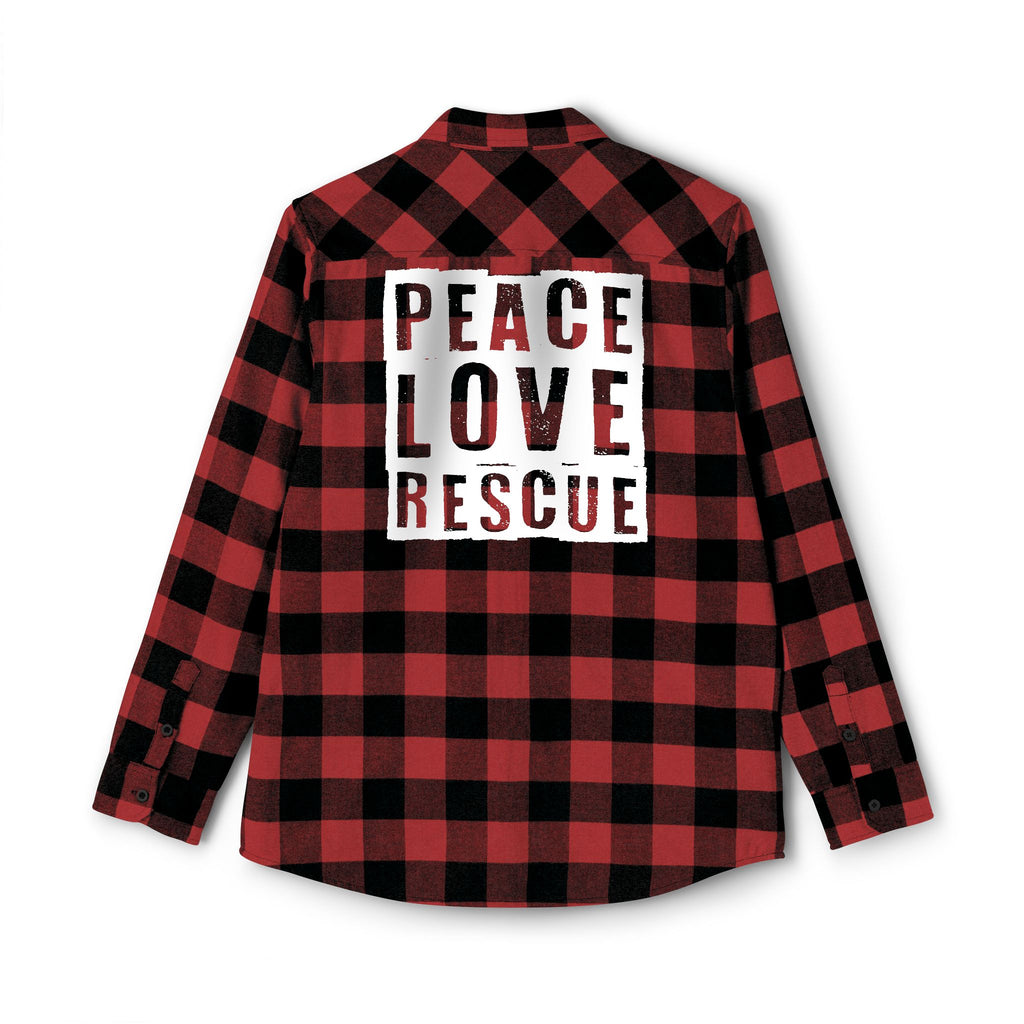 Back view of a red and black 'Peace, Love, Rescue' Flannel Shirt, with the phrase 'Peace, Love, Rescue' printed in bold across the back.