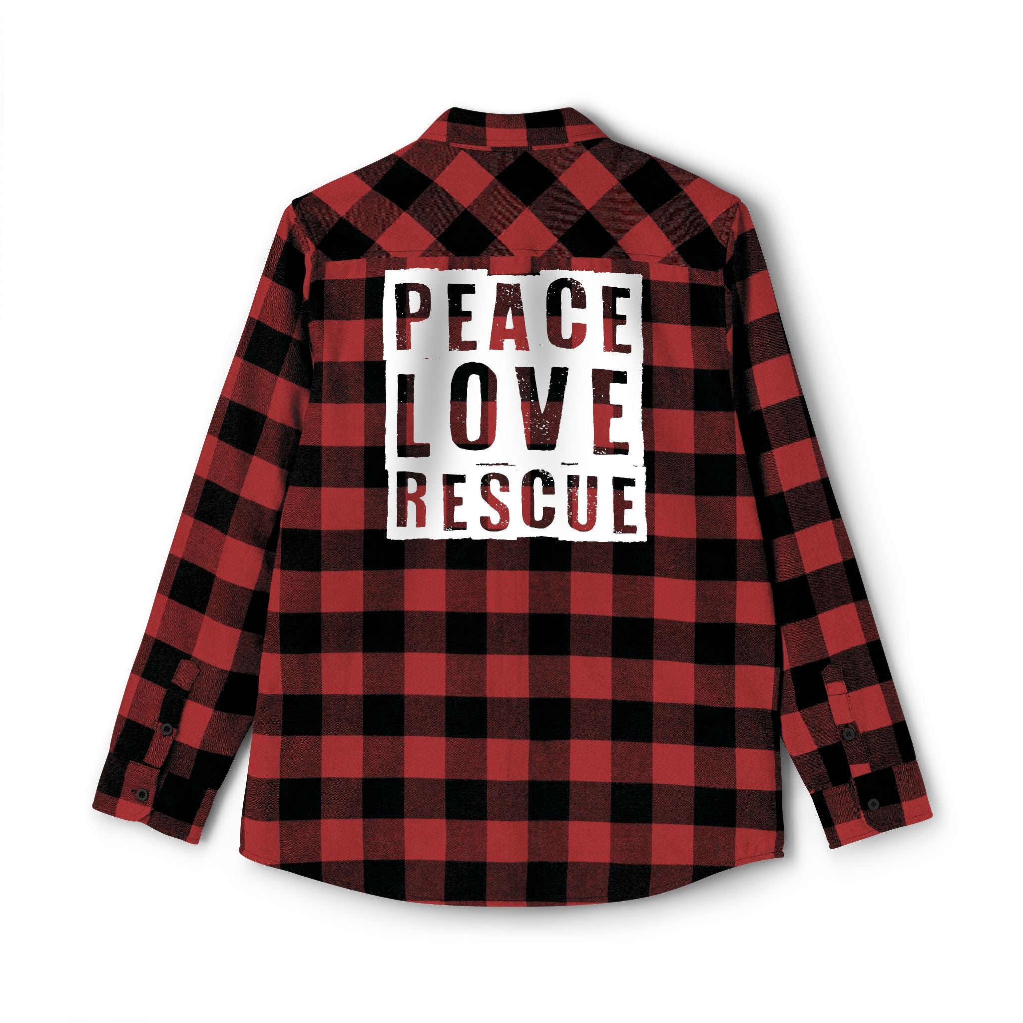 Back view of a red and black 'Peace, Love, Rescue' Flannel Shirt, with the phrase 'Peace, Love, Rescue' printed in bold across the back.