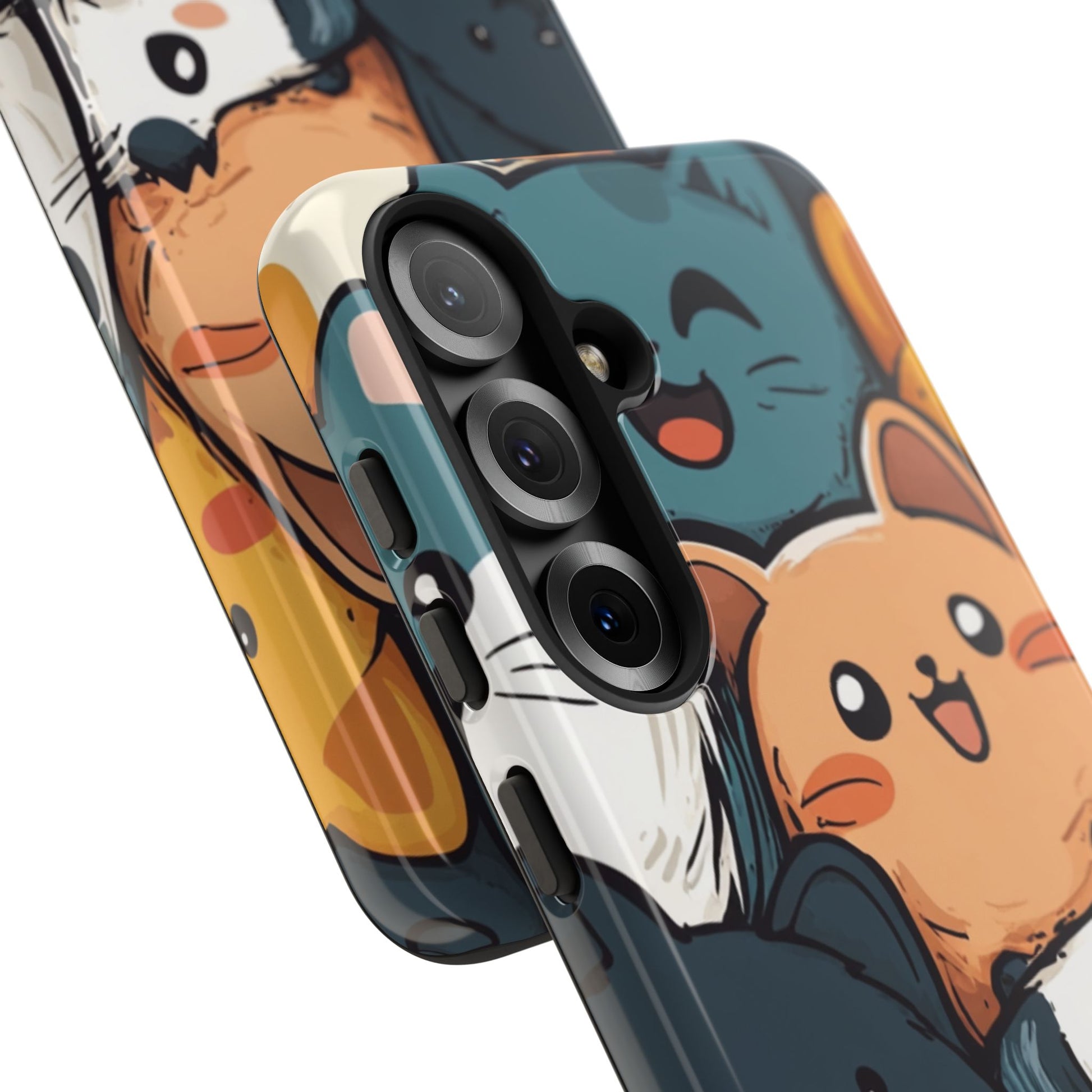 Multi-colored phone case with clustered, smiling Kawaii-style cat faces.