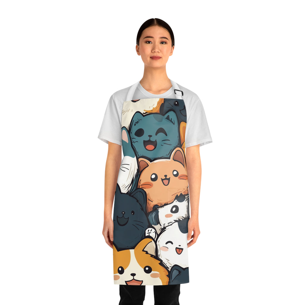Woman wearing a colorful apron with cartoon cat designs