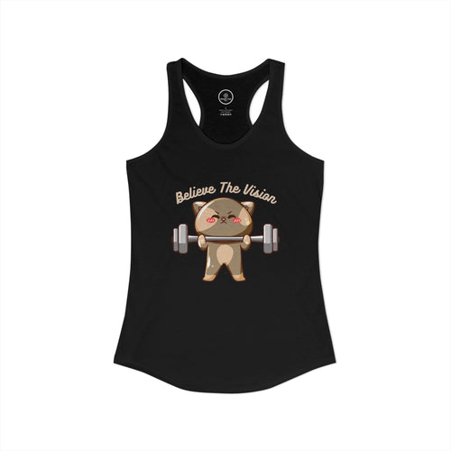 Believe the Vision black tank top: image of a cat lifting weights.