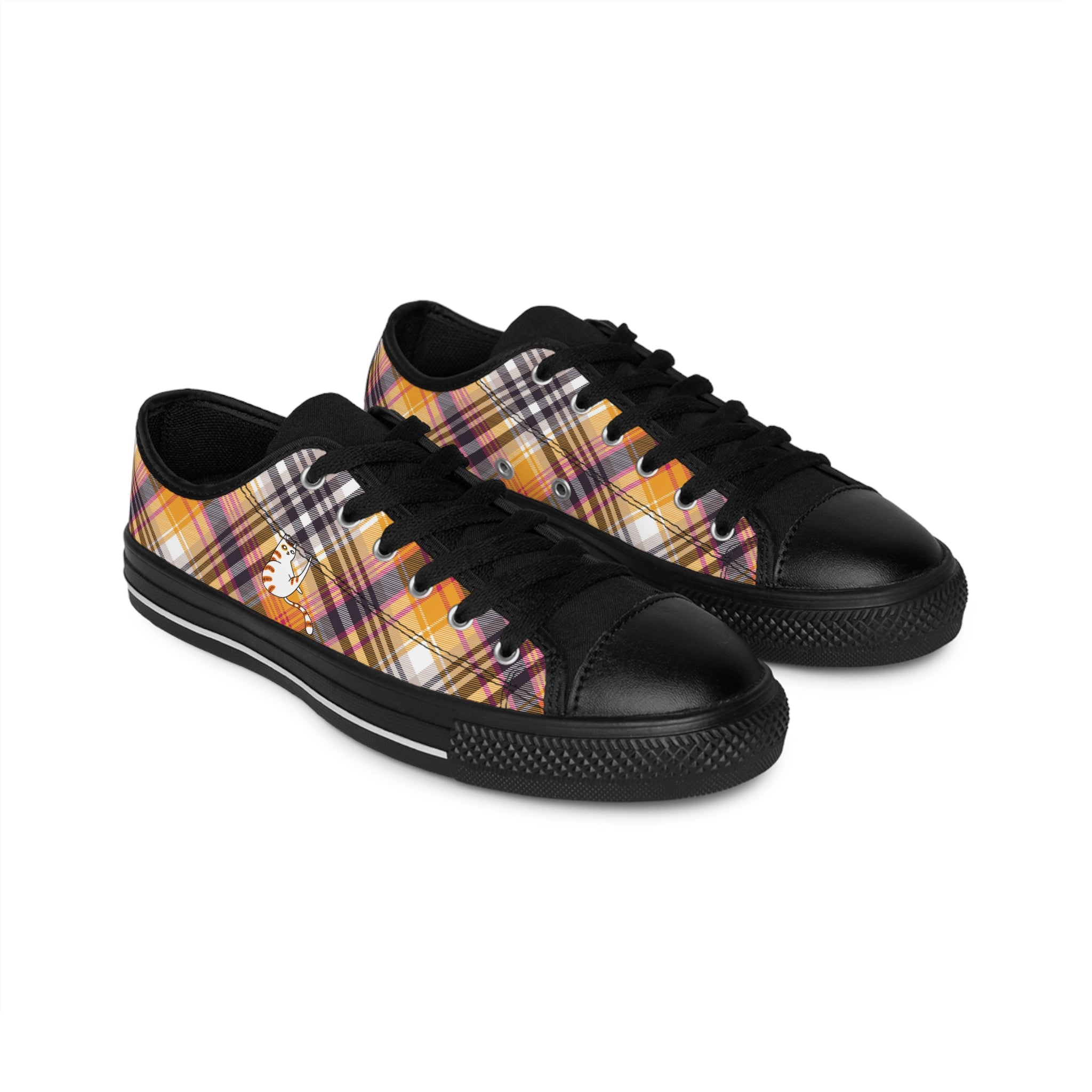 Me Time with Barry men's sneakers: orange plaid all-over print, graphic of self-grooming cat on side.