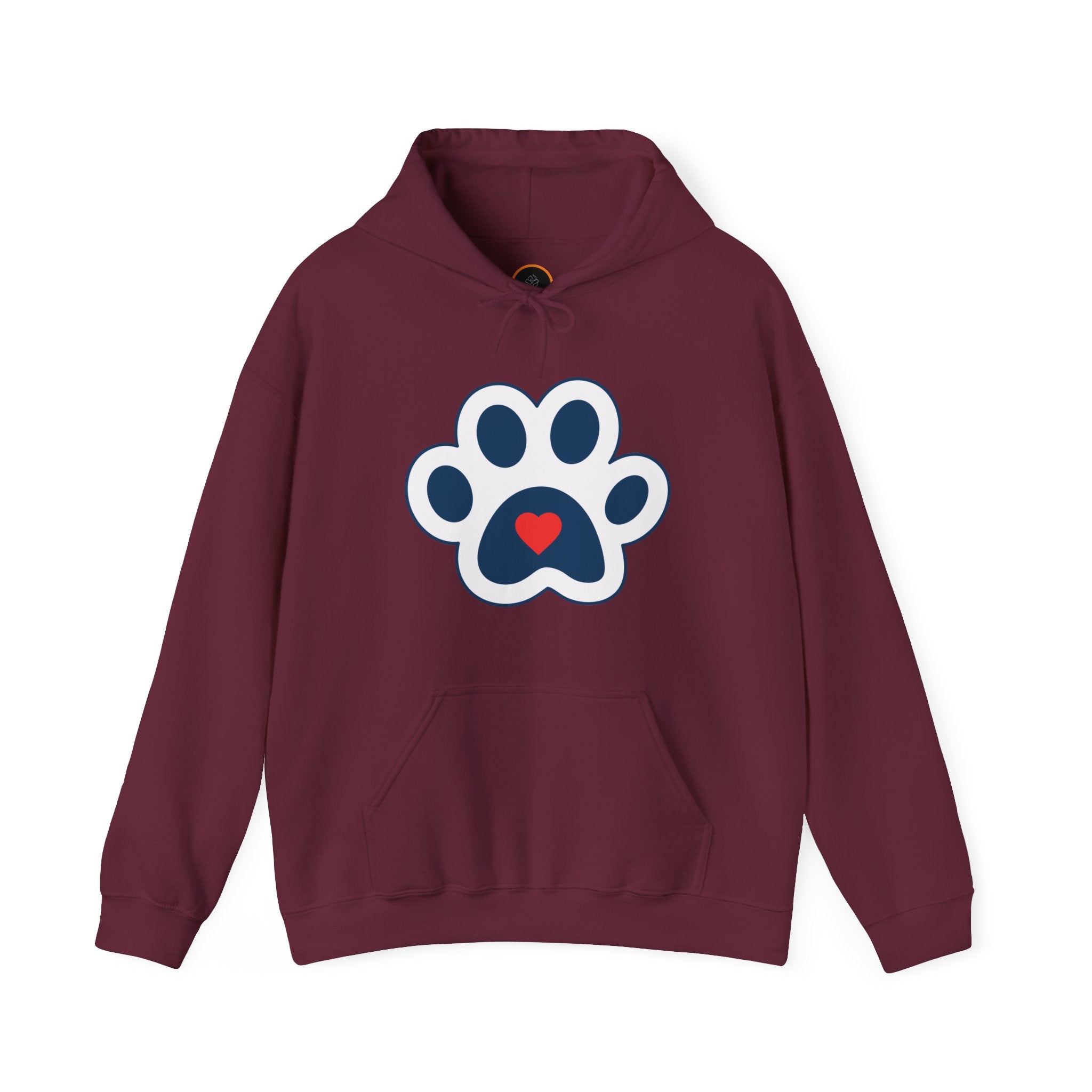  Heart In Paw hoodie: Blue and white cat paw graphic with a red heart in the center.