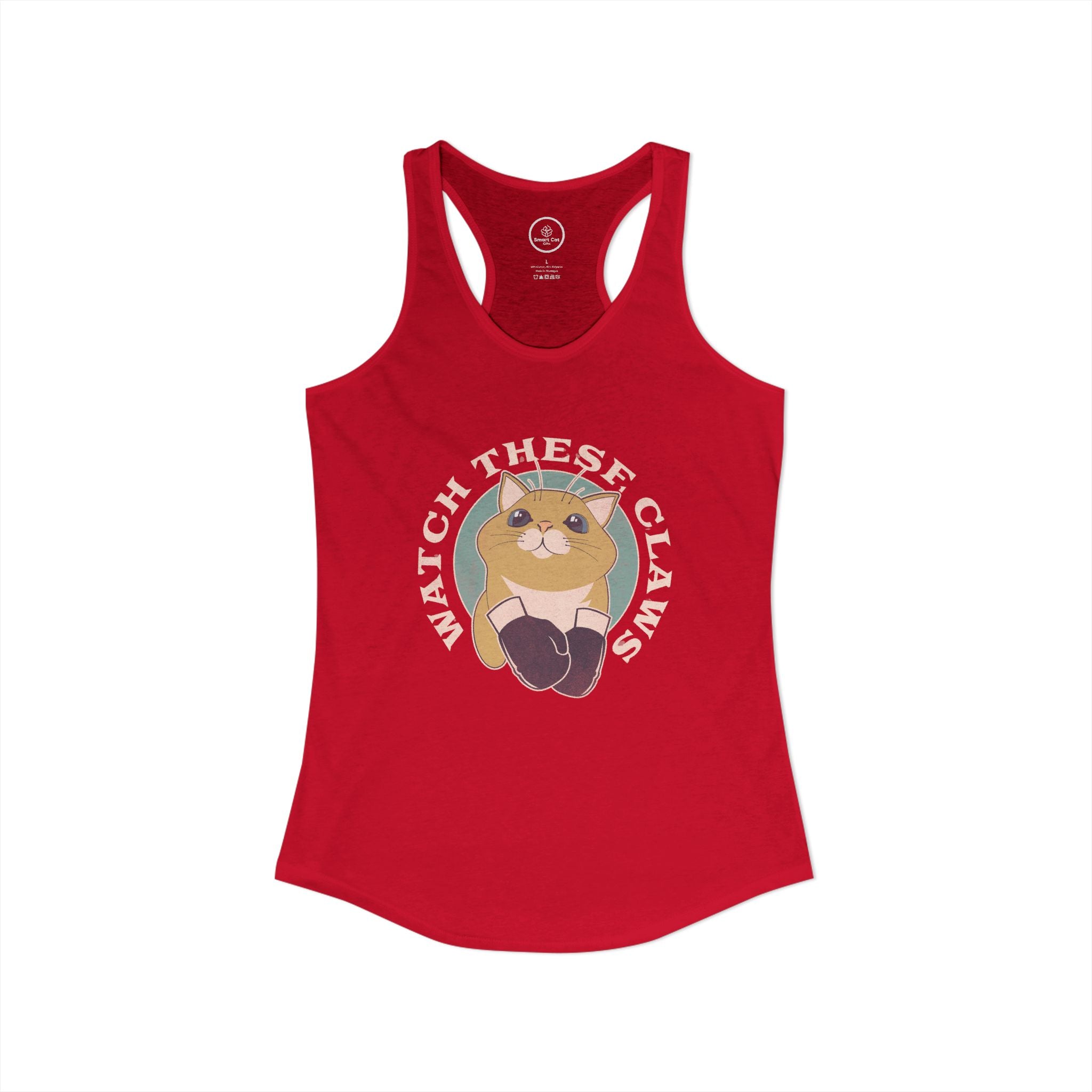 Red tank top with a cat graphic and 'Watch These Claws' text. 